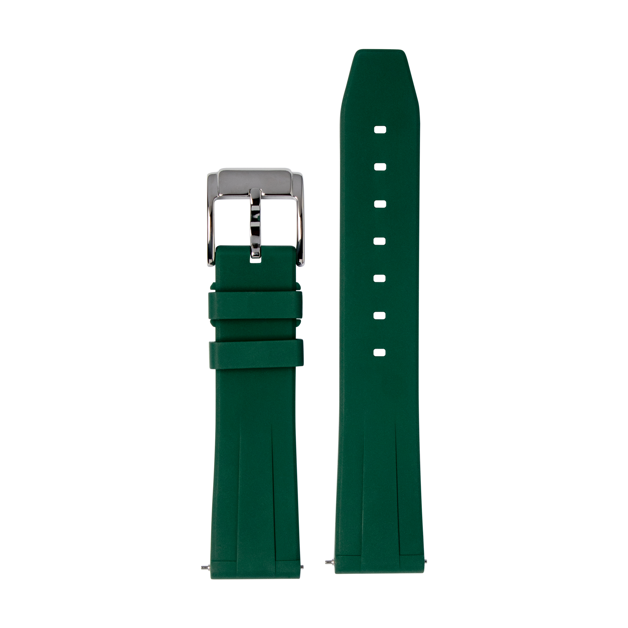 Forest green rubber watch band with shouldered design, stainless steel buckle, and white stitch holes