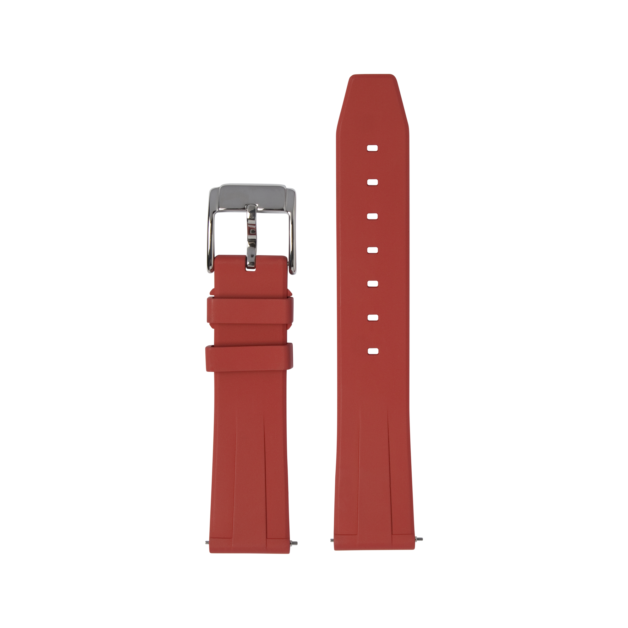 Red rubber watch strap with quick release pin, silver buckle, and adjustment holes shown assembled and disassembled