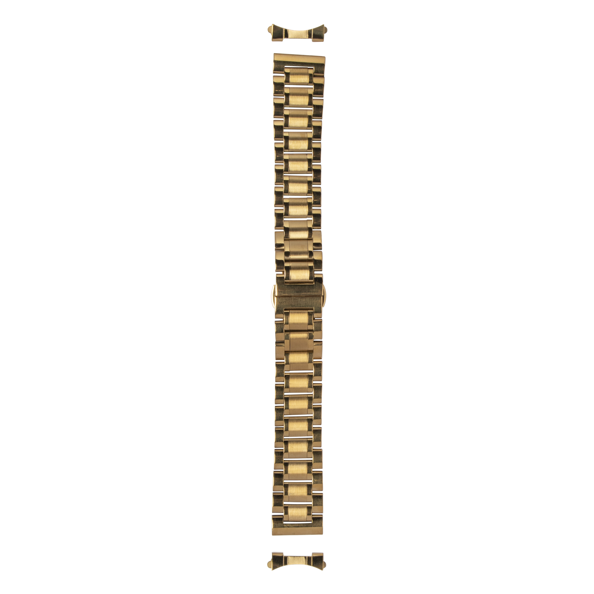 Gold-tone stainless steel curved watch bracelet with link design and bow-tie connectors