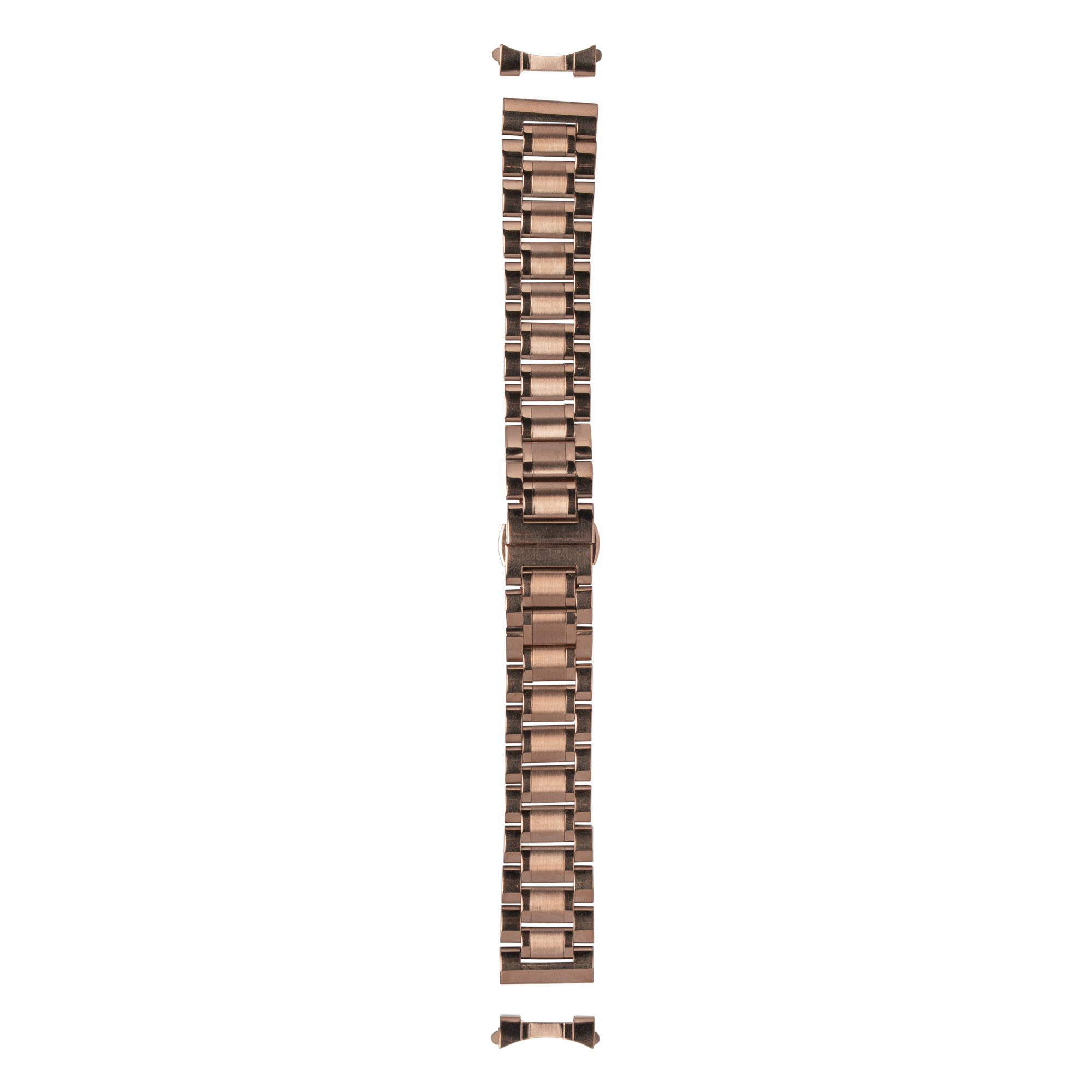 Rose gold stainless steel curved watch bracelet with link band and butterfly clasp