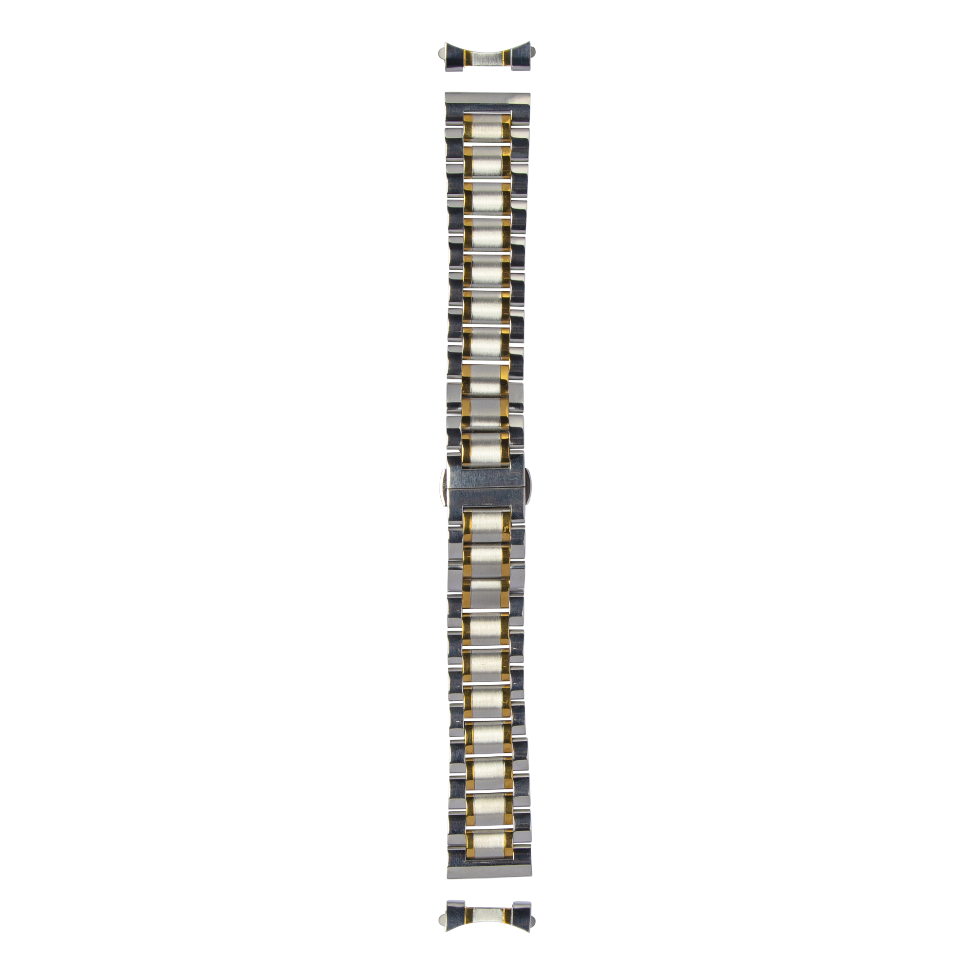 Two-tone stainless steel and gold watch bracelet with curved links and deployment clasp