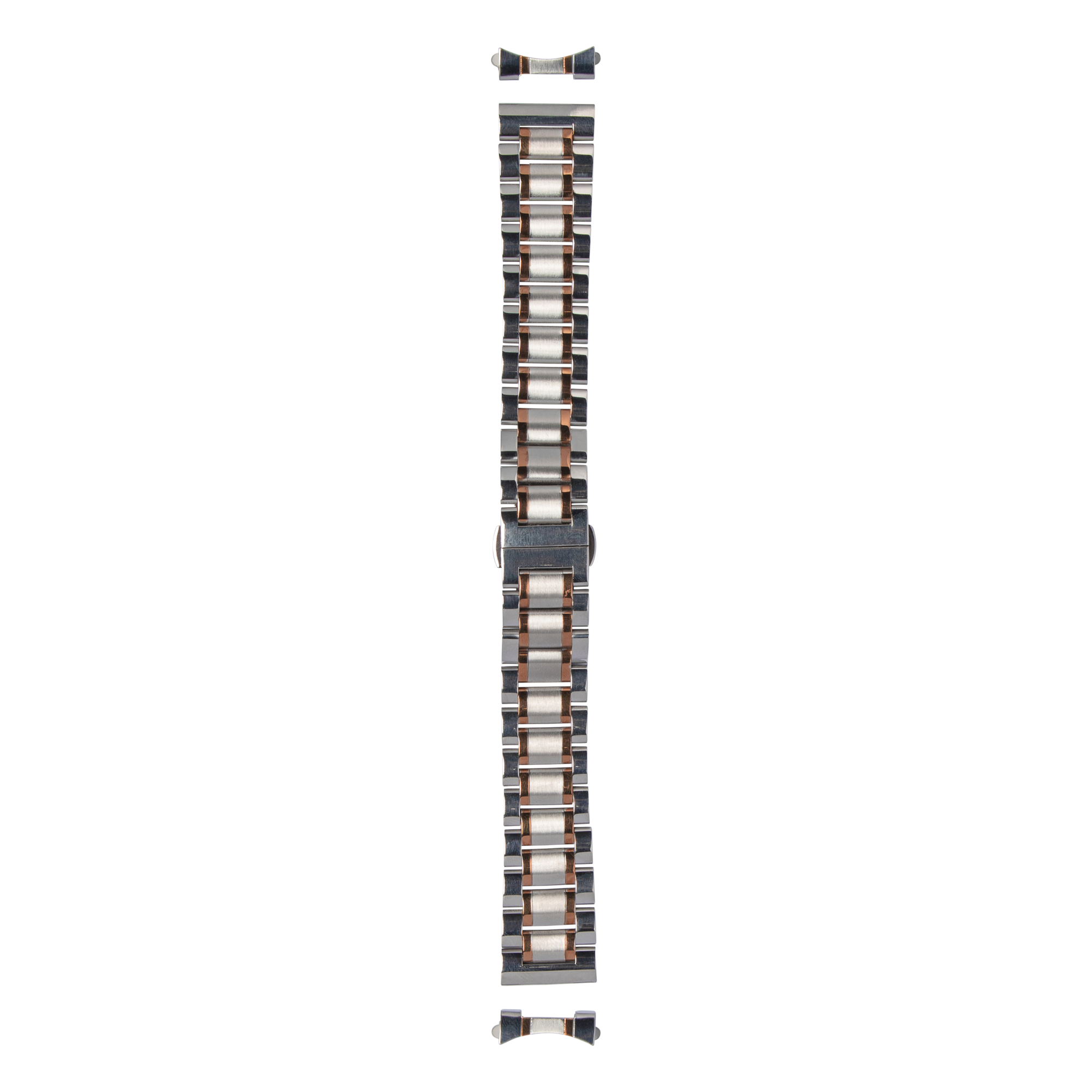 Two-tone stainless steel watch bracelet with curved links in silver and rose gold, featuring secure clasp closure