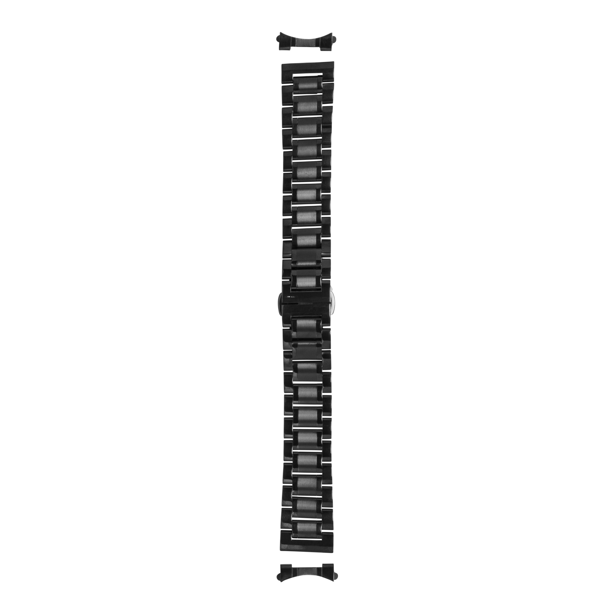 Black stainless steel watch bracelet with curved links and spring bar connectors
