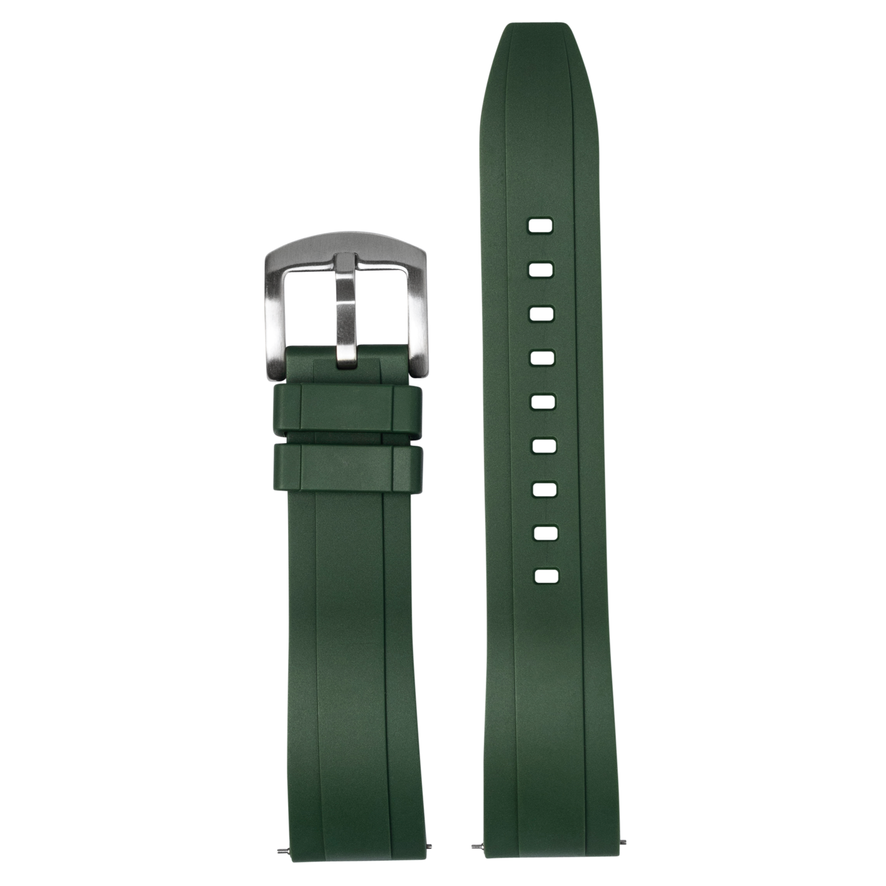 Green rubber watch band with quick release buckle and white adjustment holes, displayed extended and folded