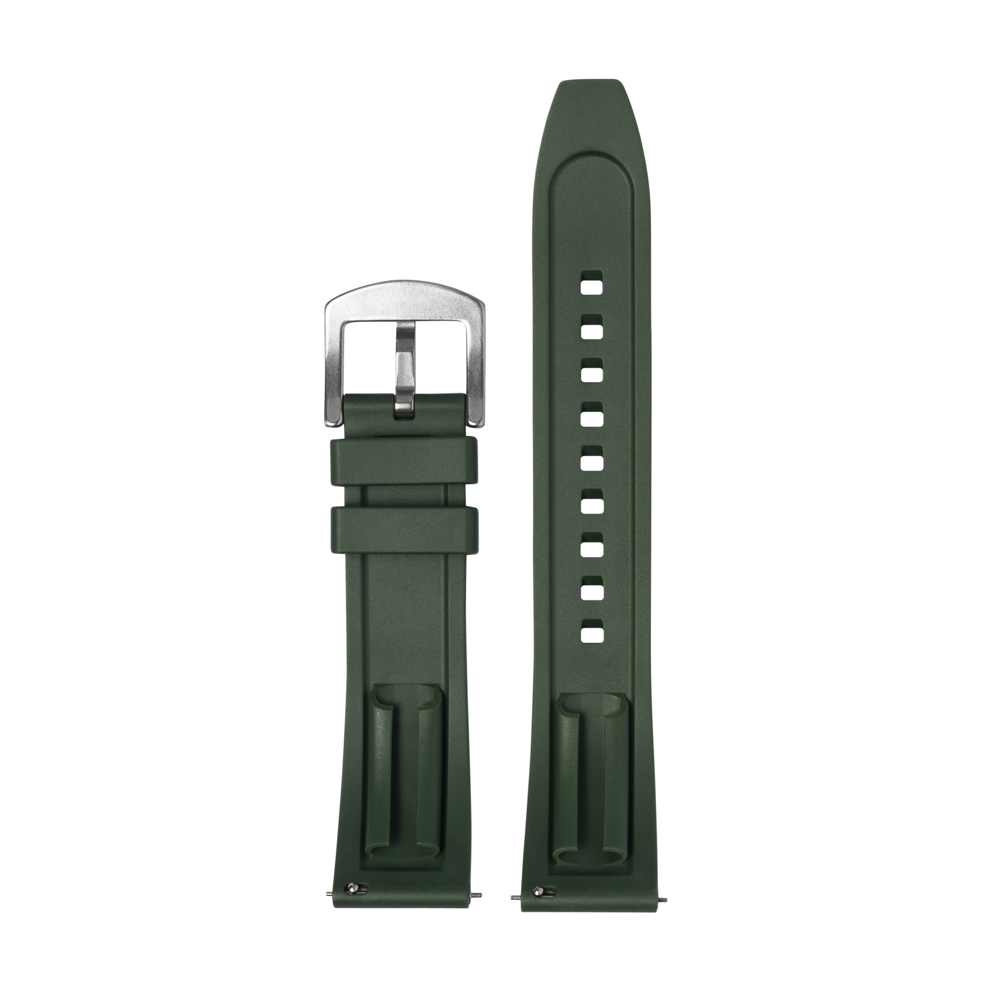 Forest green Quick Release FKM rubber watch band with silver buckle and ventilation holes