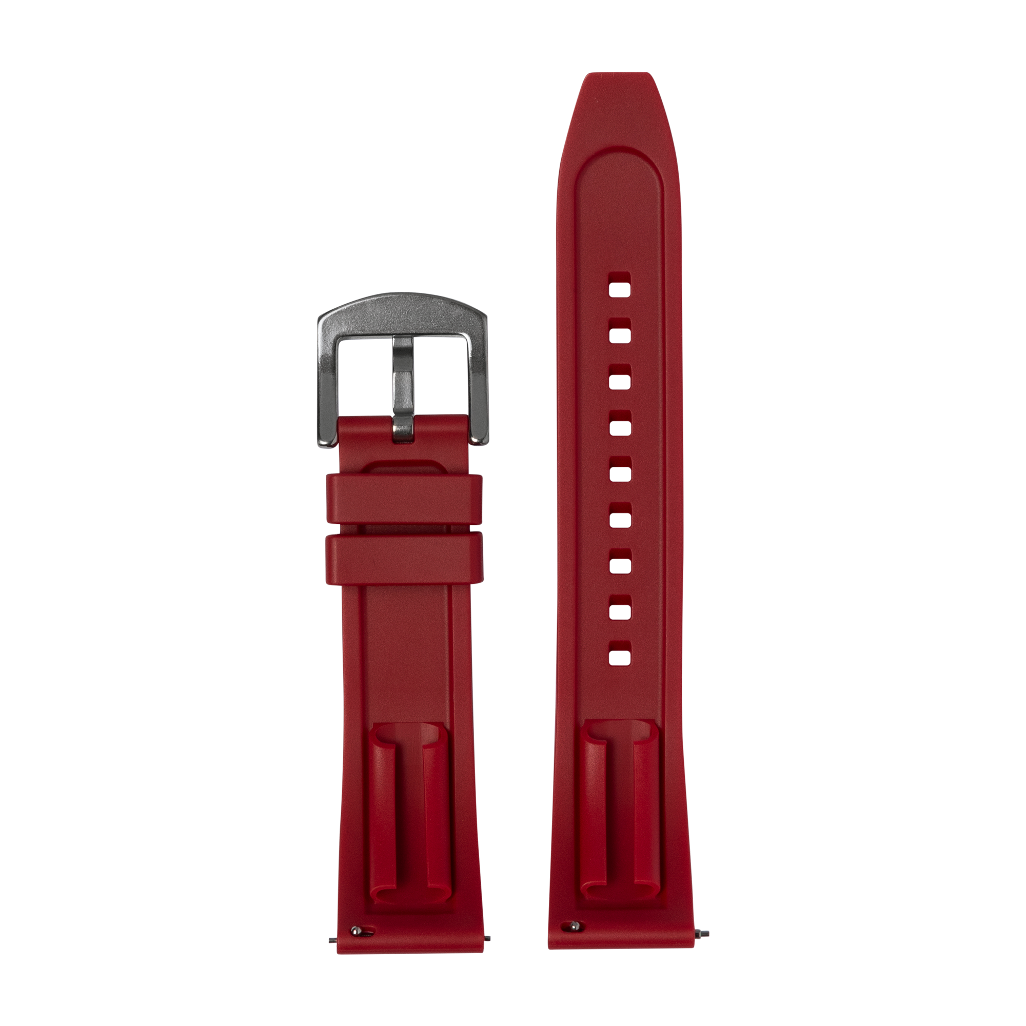 Red FKM rubber quick release watch strap with silver buckle and adjustment holes, front and back view