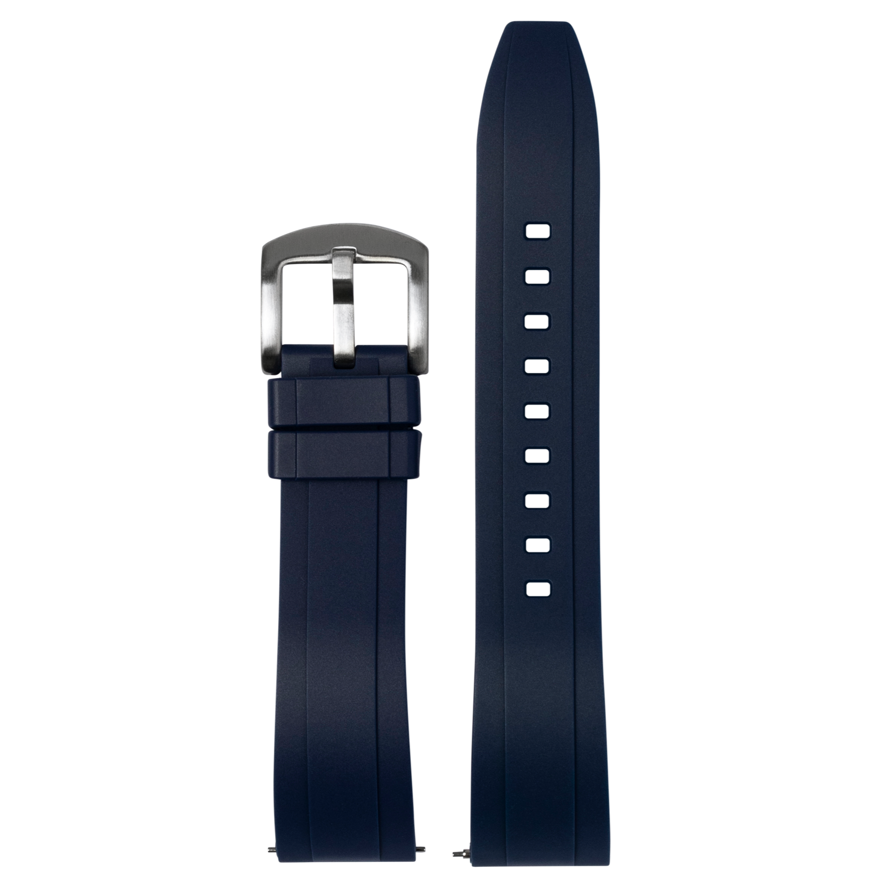 Dark blue FKM rubber quick release watch strap with silver buckle and ventilation holes