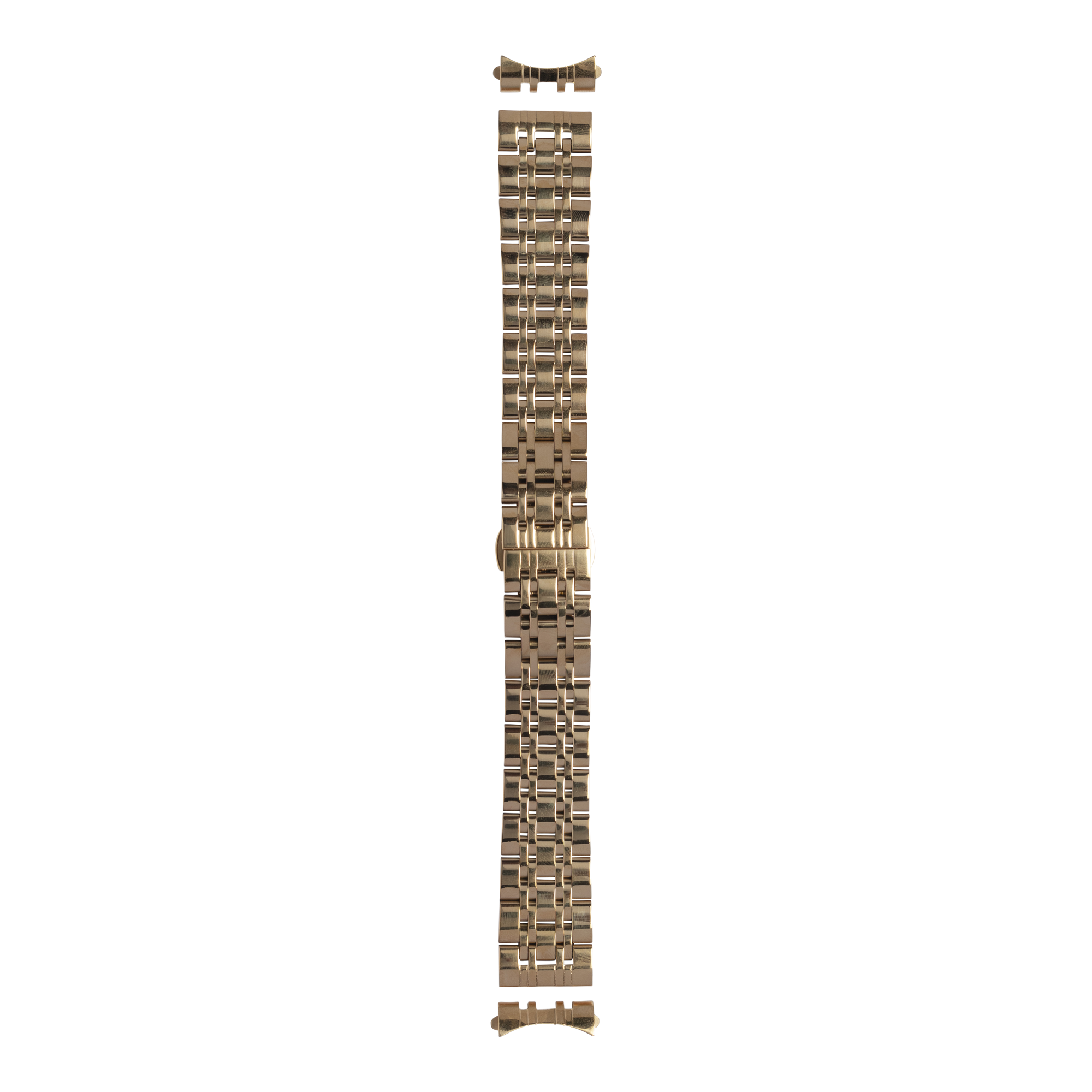 Gold-tone stainless steel curved watch bracelet with interlocking link design and adjustable clasp