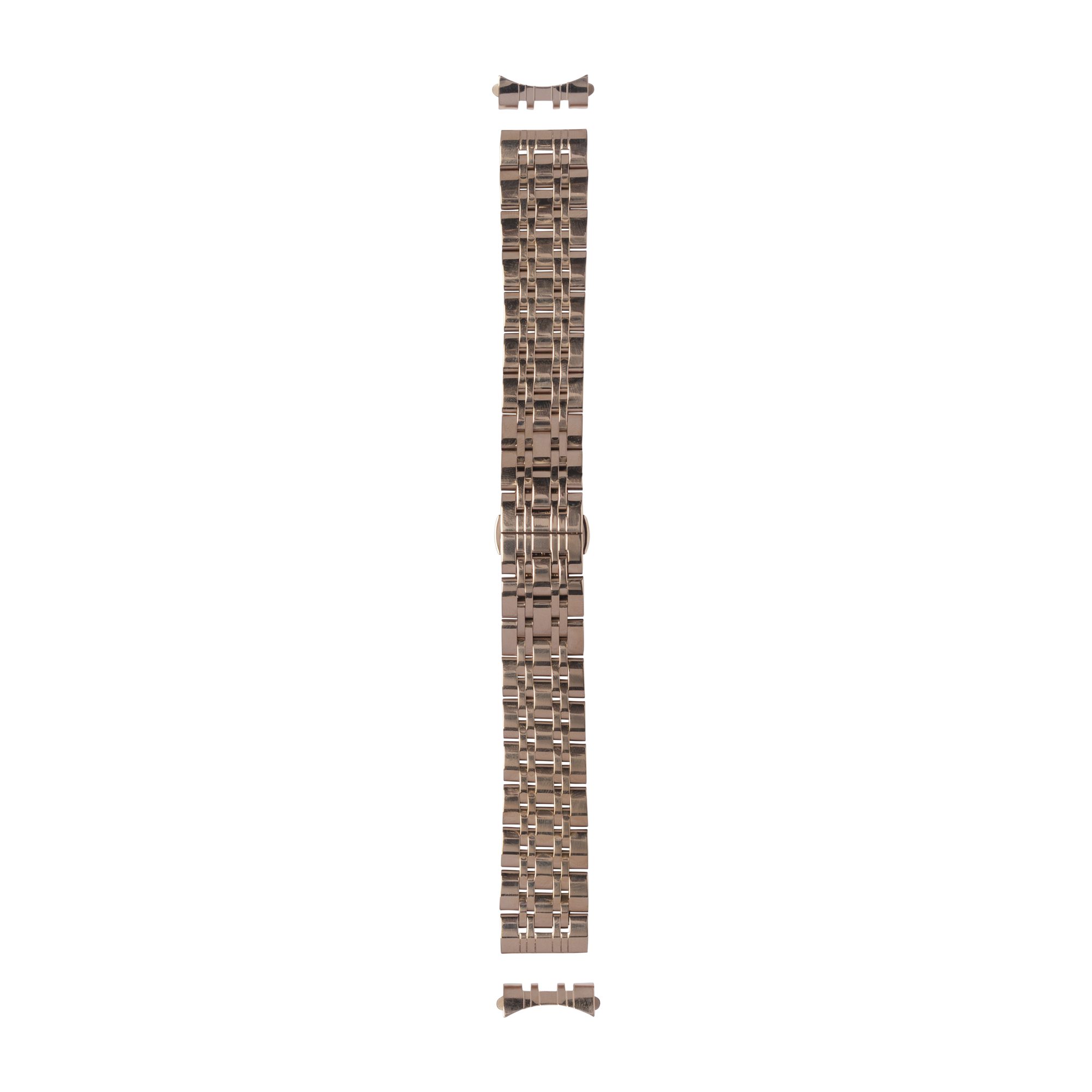 Rose gold curved steel watch bracelet with interlocking links and deployment clasp