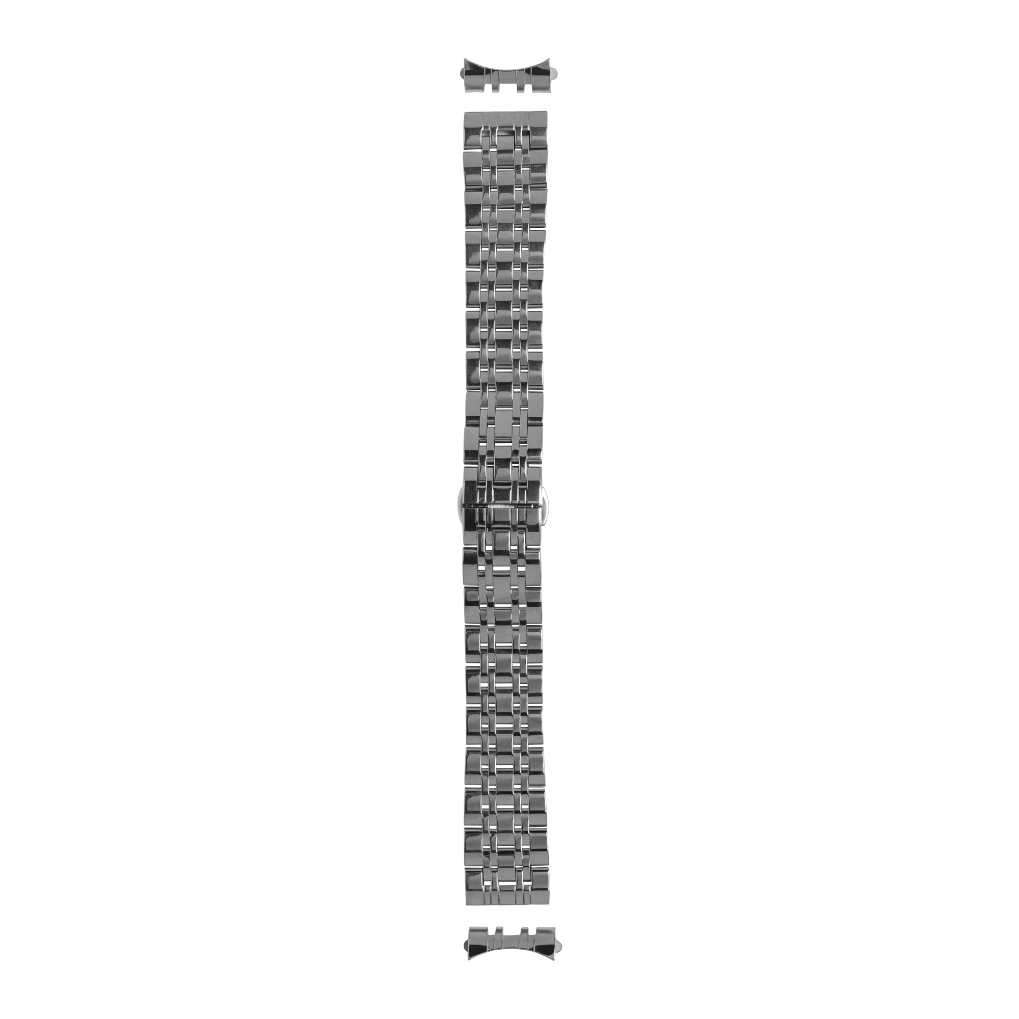 Stainless steel watch bracelet with curved links and bow-tie clasp, silver finish