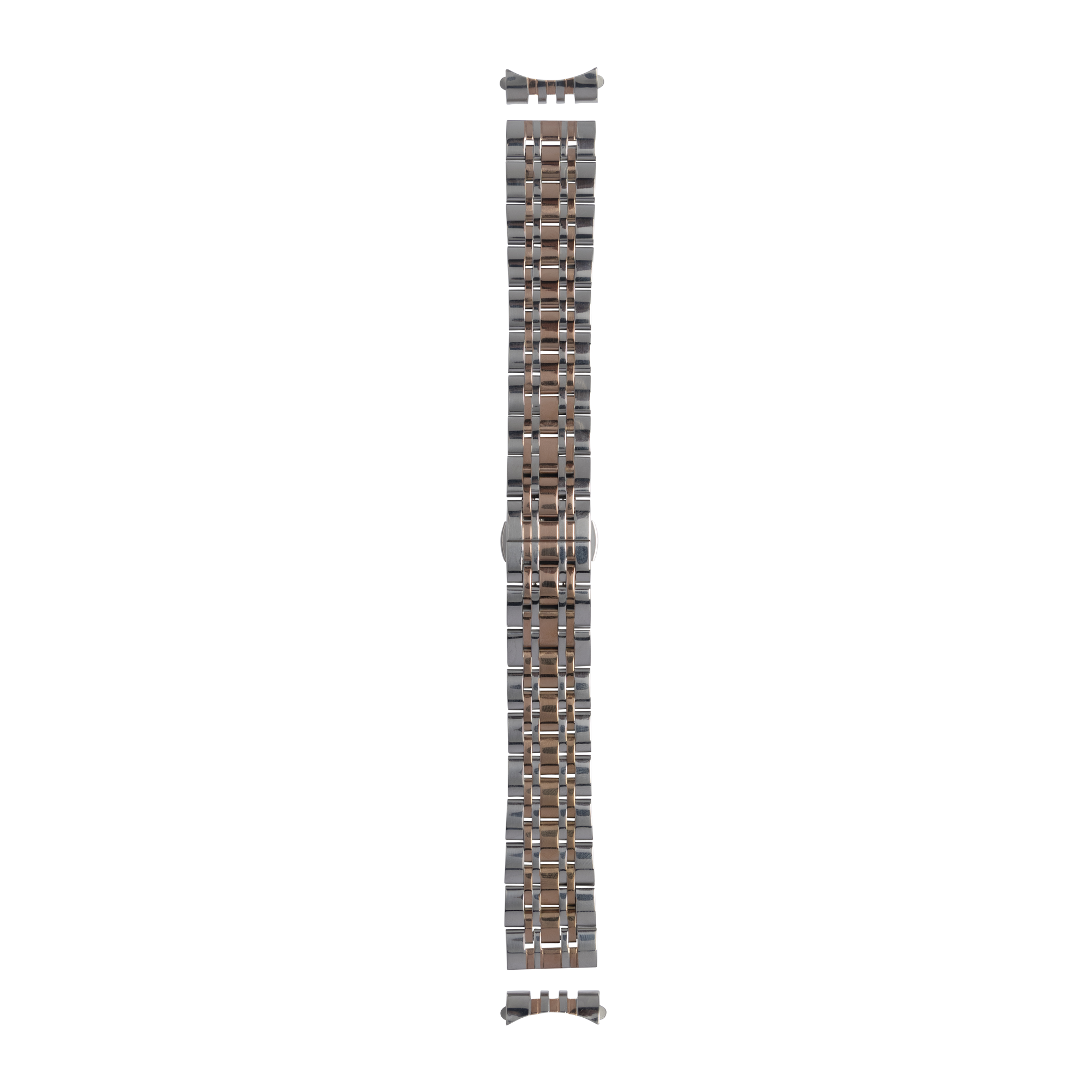 Two-tone silver and rose gold stainless steel watch bracelet with curved links and adjustable clasp