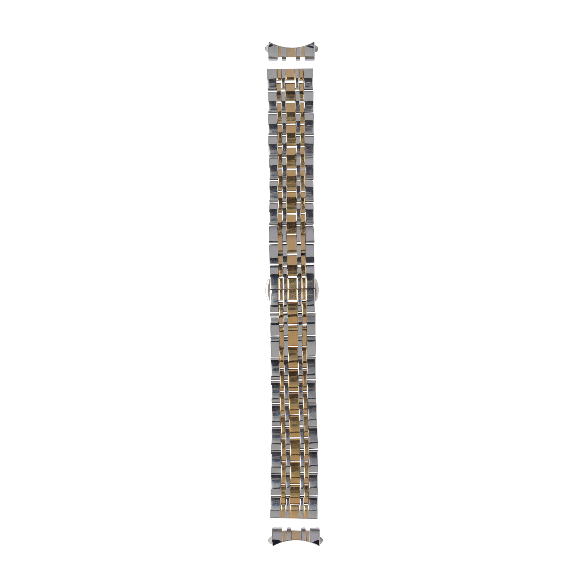 Two-tone steel and gold curved watch bracelet with silver and gold interlocking links and connector end pieces