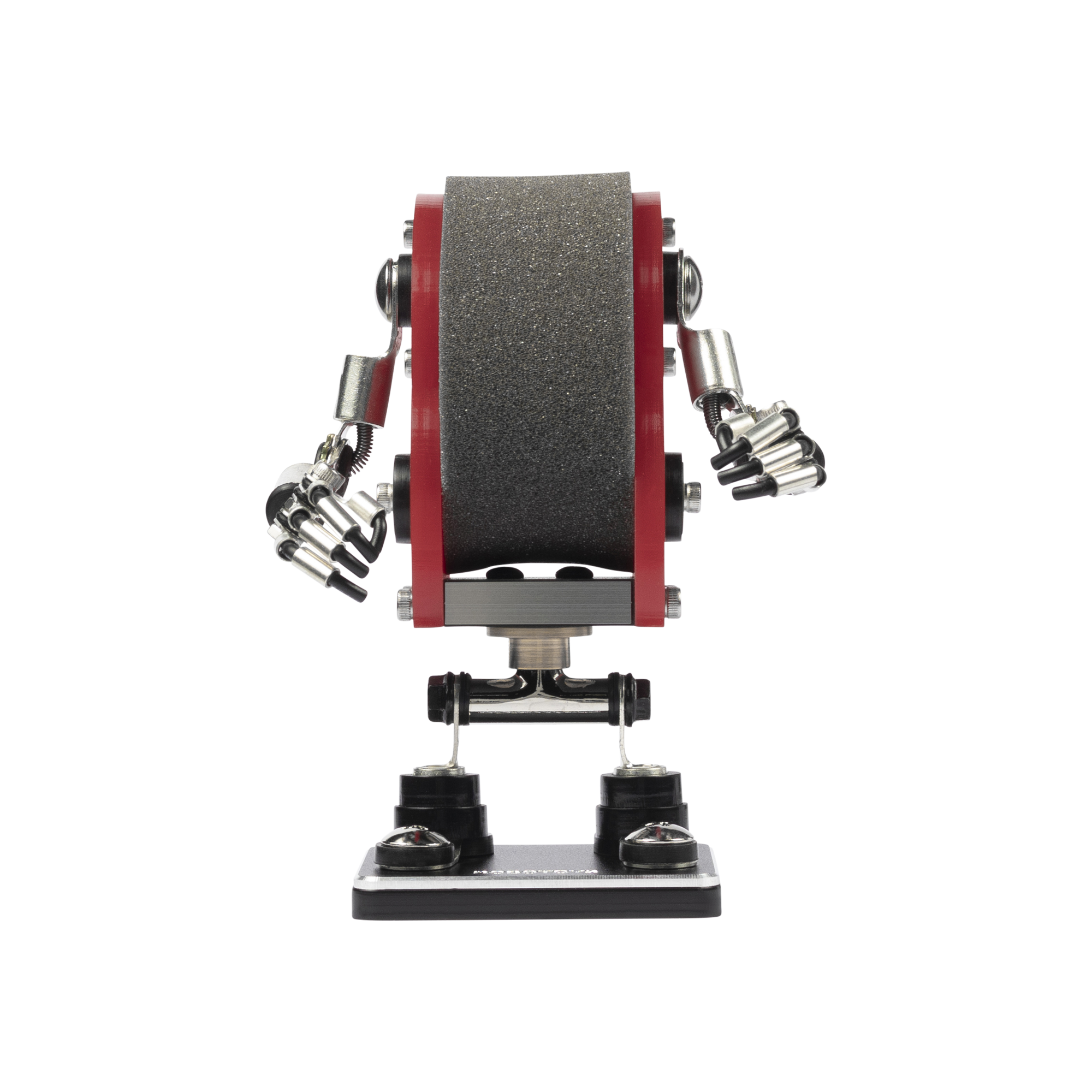 Red minibot watch stand with articulated metal arms and gritty textured roller drum, front view