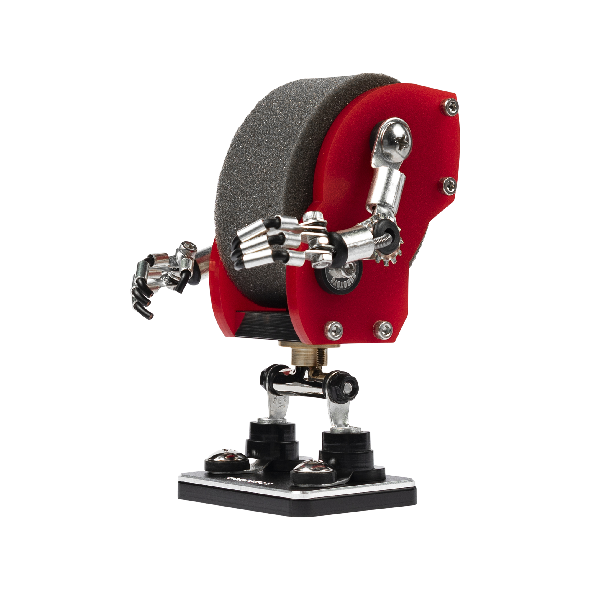 Red mechanical minibot watch stand with silver articulated arms and gray grinding wheel on black base