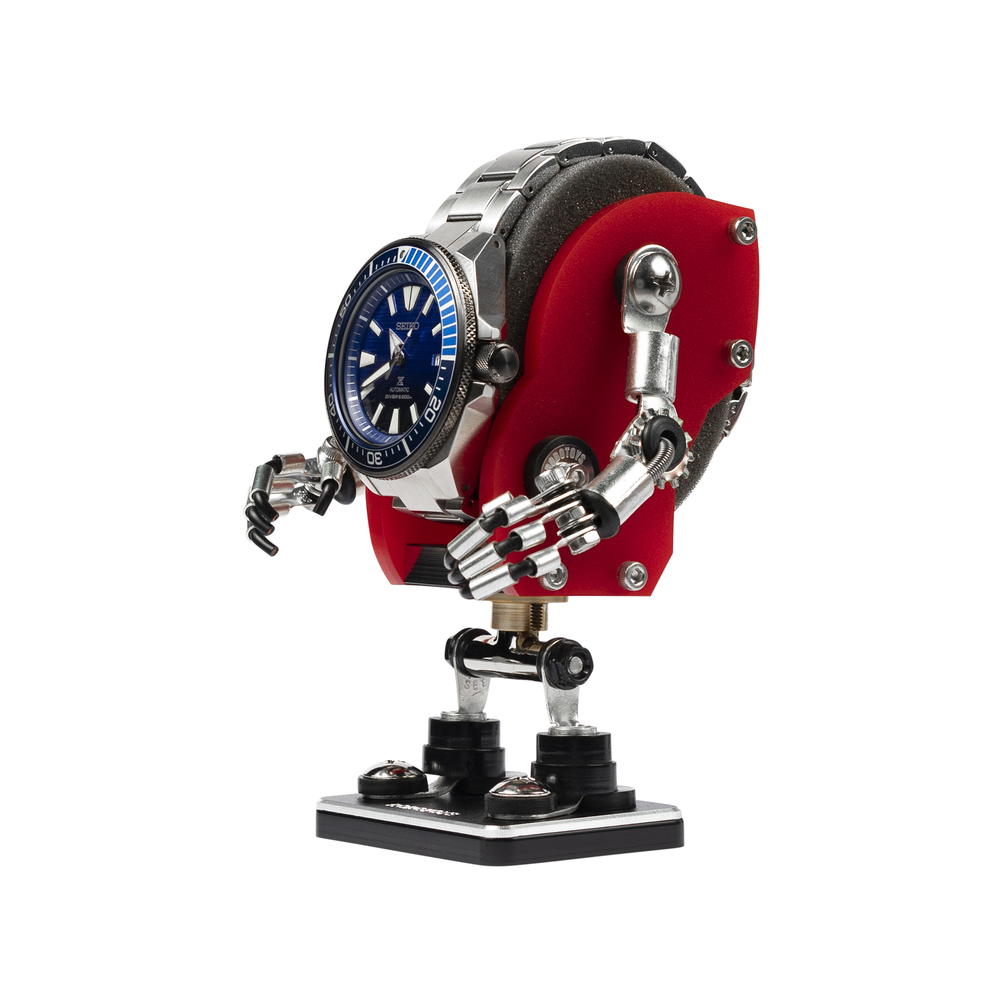 Minibot red watch stand holder with mechanical robot arm displaying blue dial timepiece