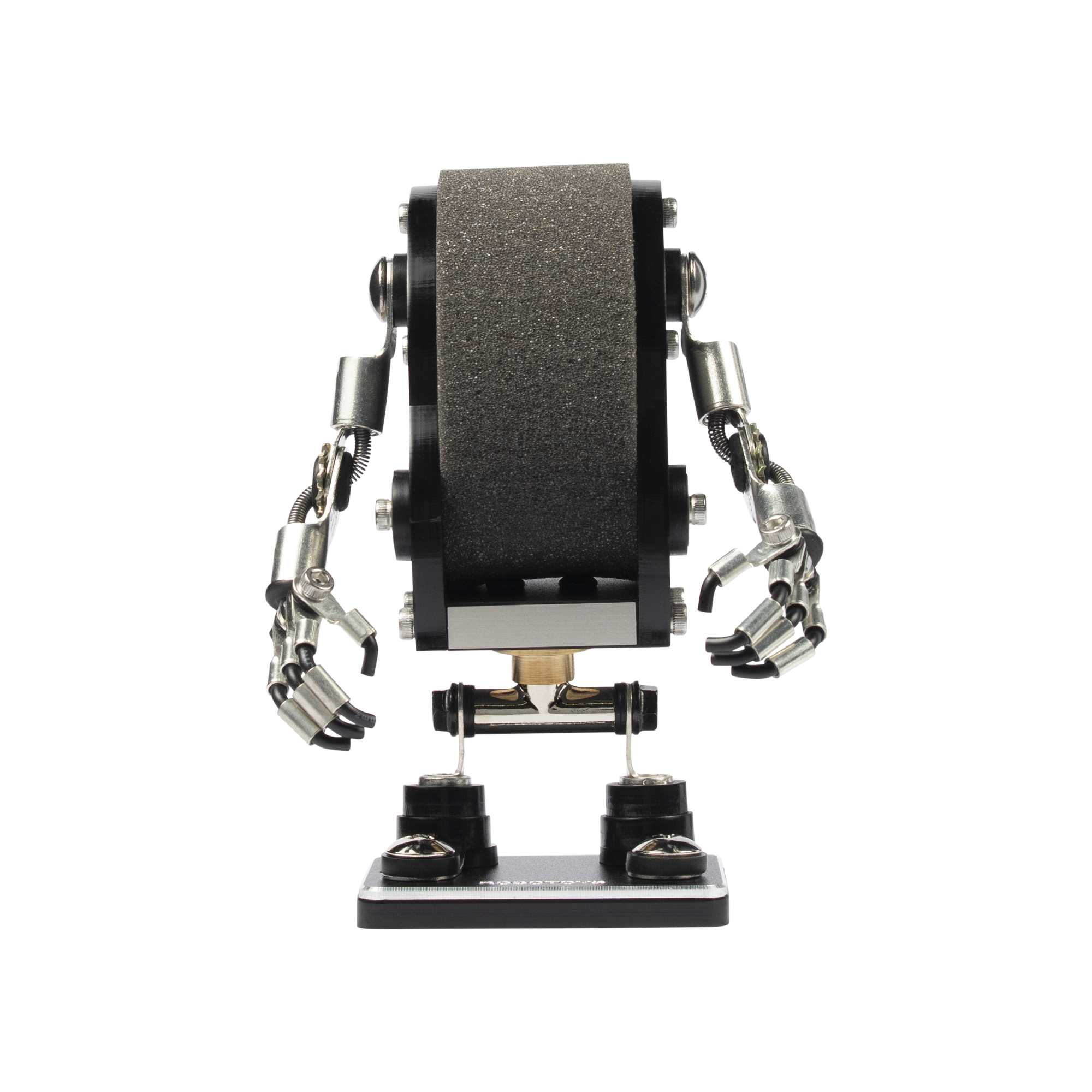 Black minibot watch stand with articulated metal arms and textured grip surface