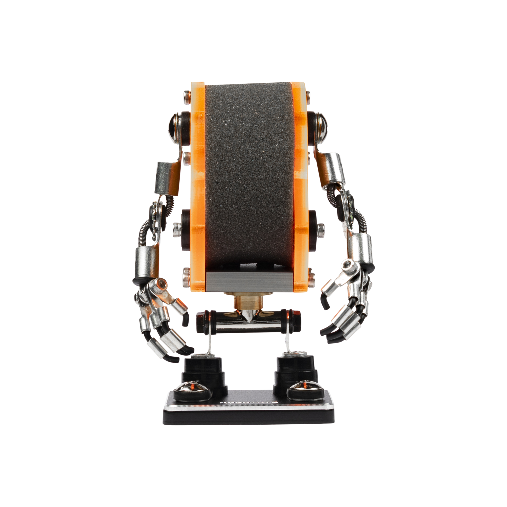 Minibot neon orange watch stand with articulated metal arms and dark base on white background