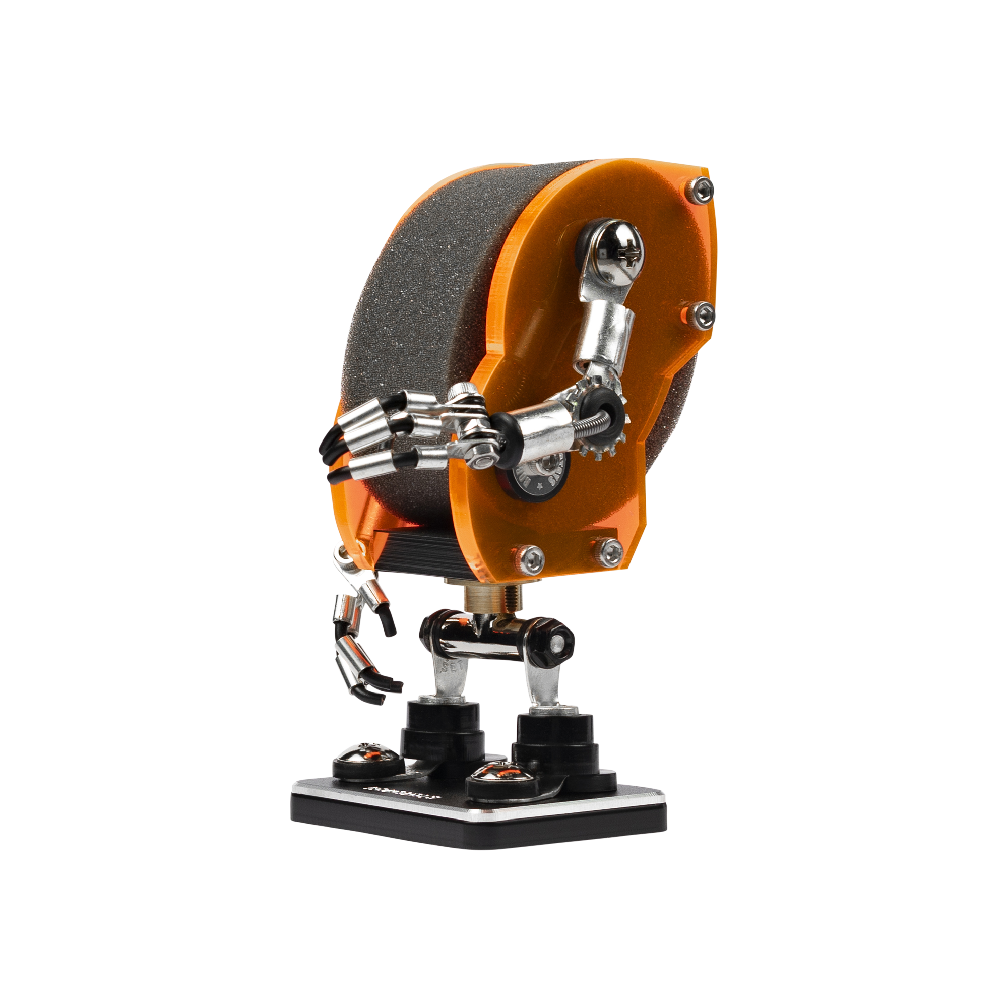 Neon orange minibot watch stand with articulated metal arms and gritty gray wheel detail on black base