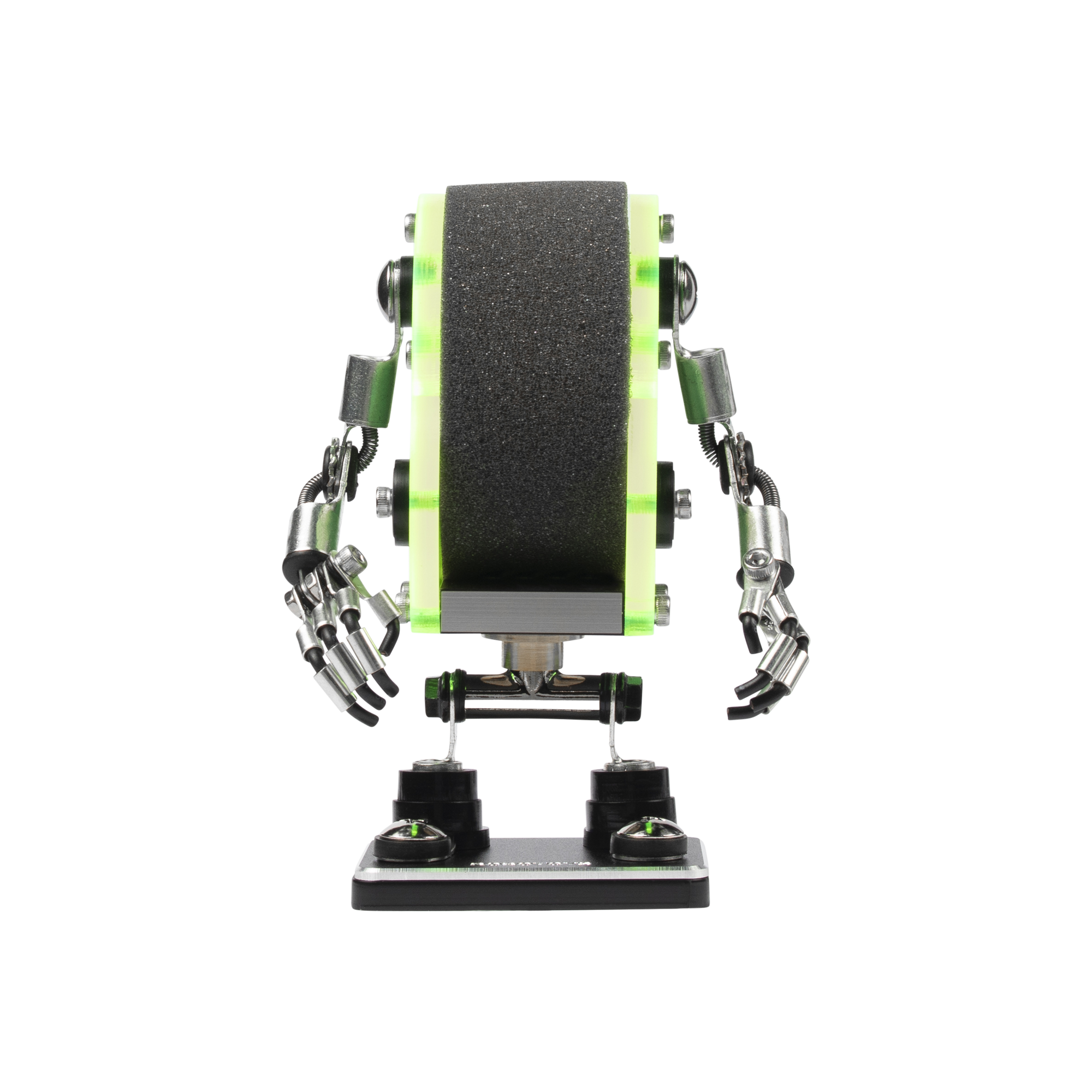 Neon green minibot robot watch stand with articulated metal arms and black base, front view