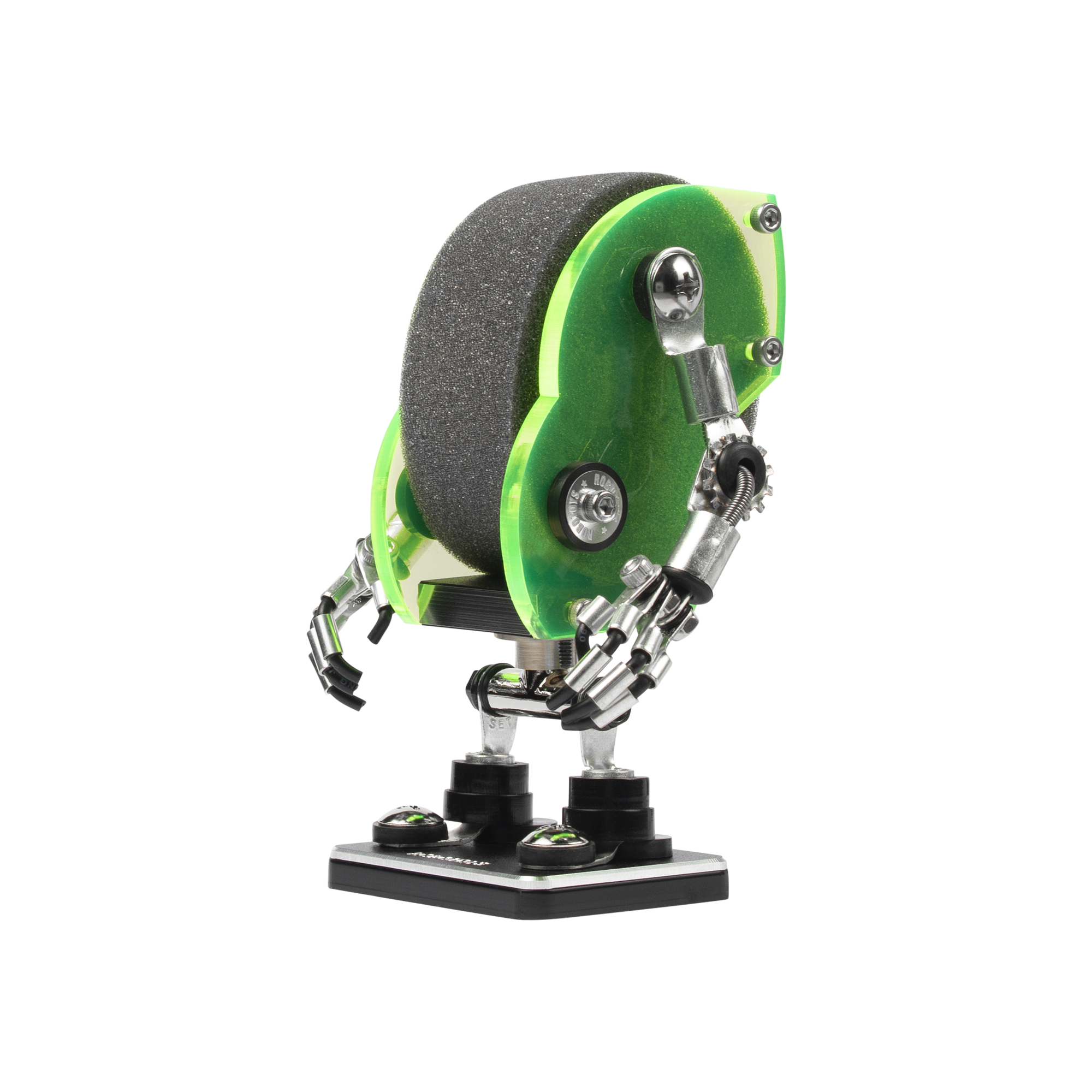 Neon green and black minibot watch stand with articulated metal arms and gray grinding wheel detail on stand base