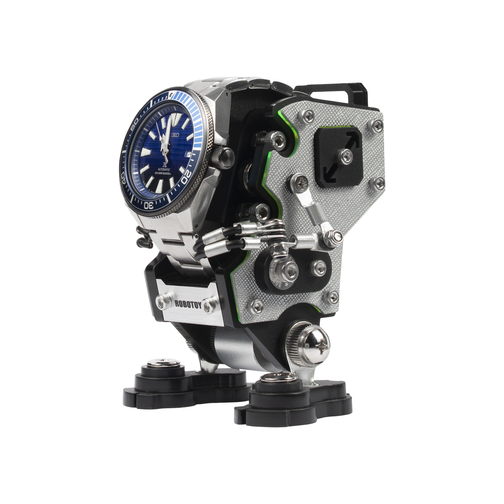 RoboToys NanoBot silver watch stand with blue dial timepiece and articulated robot arm display holder