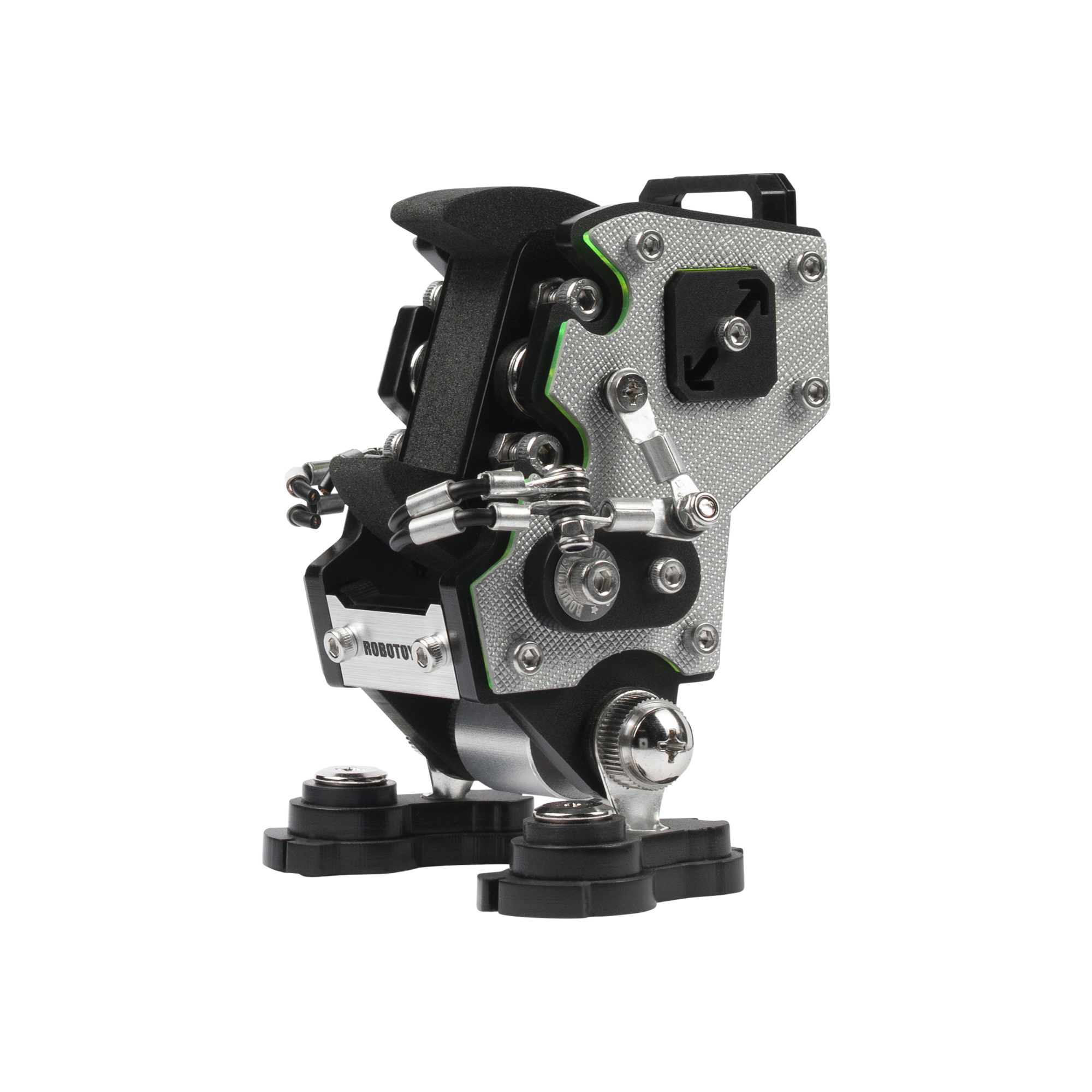 RoboToys NanoBot silver watch stand with mechanical articulated arms and green accent details on white background