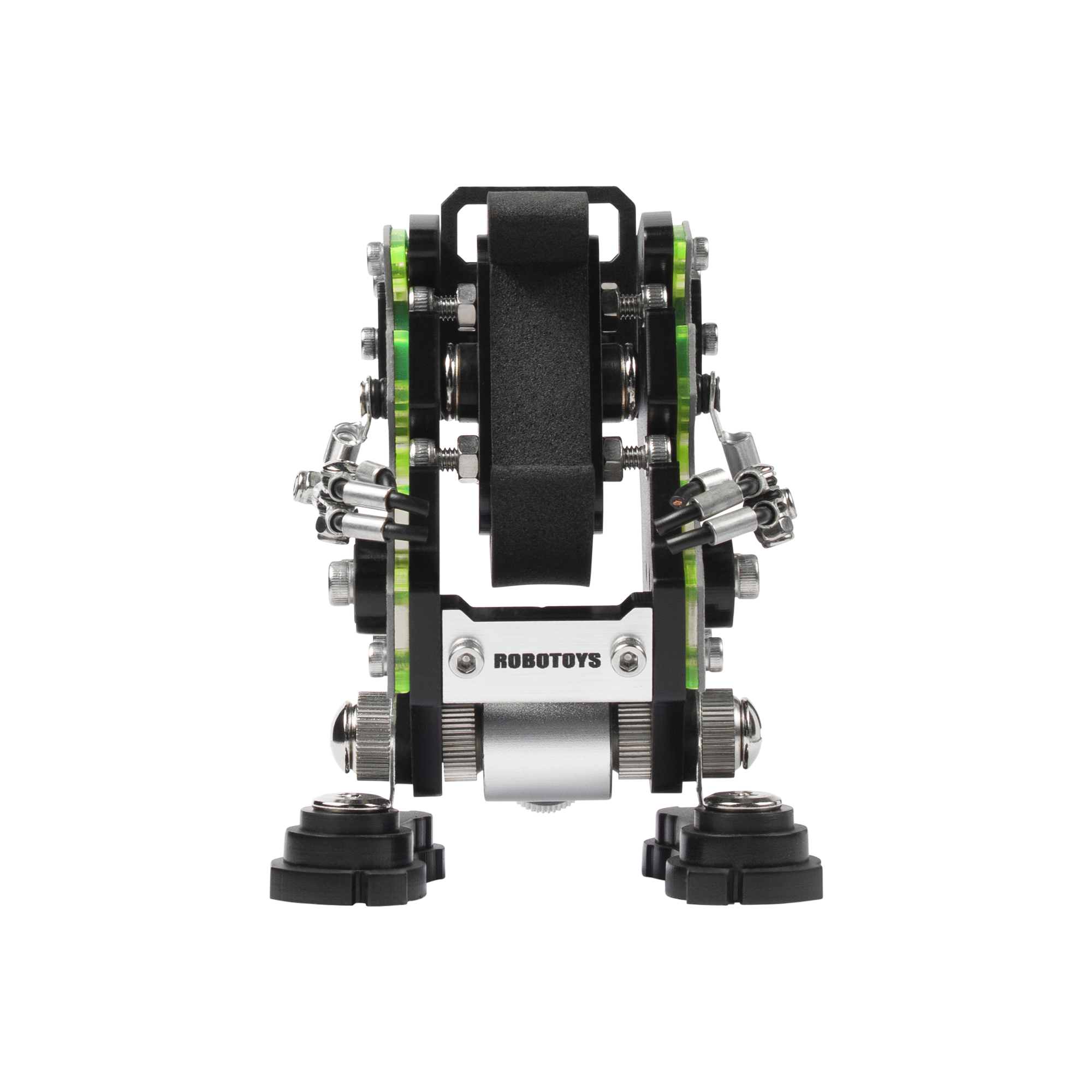 RoboToys NanoBot watch stand with saffiano silver finish, black and green mechanical design, featuring articulated arms and wide stance