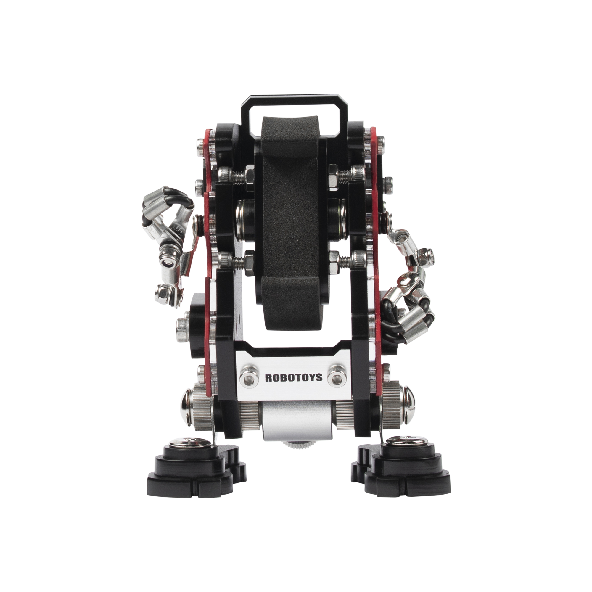 RoboToys NanoBot red watch stand with mechanical arms and black wheels, front view