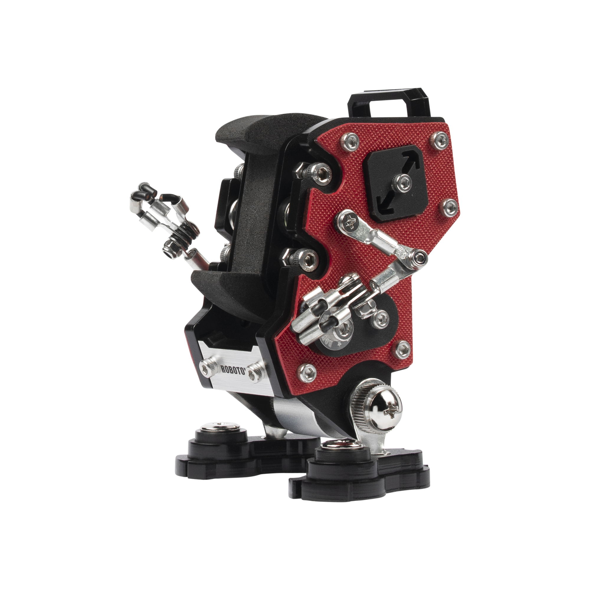 Red NanoBot robotic watch stand with articulated arms and chrome details on black base