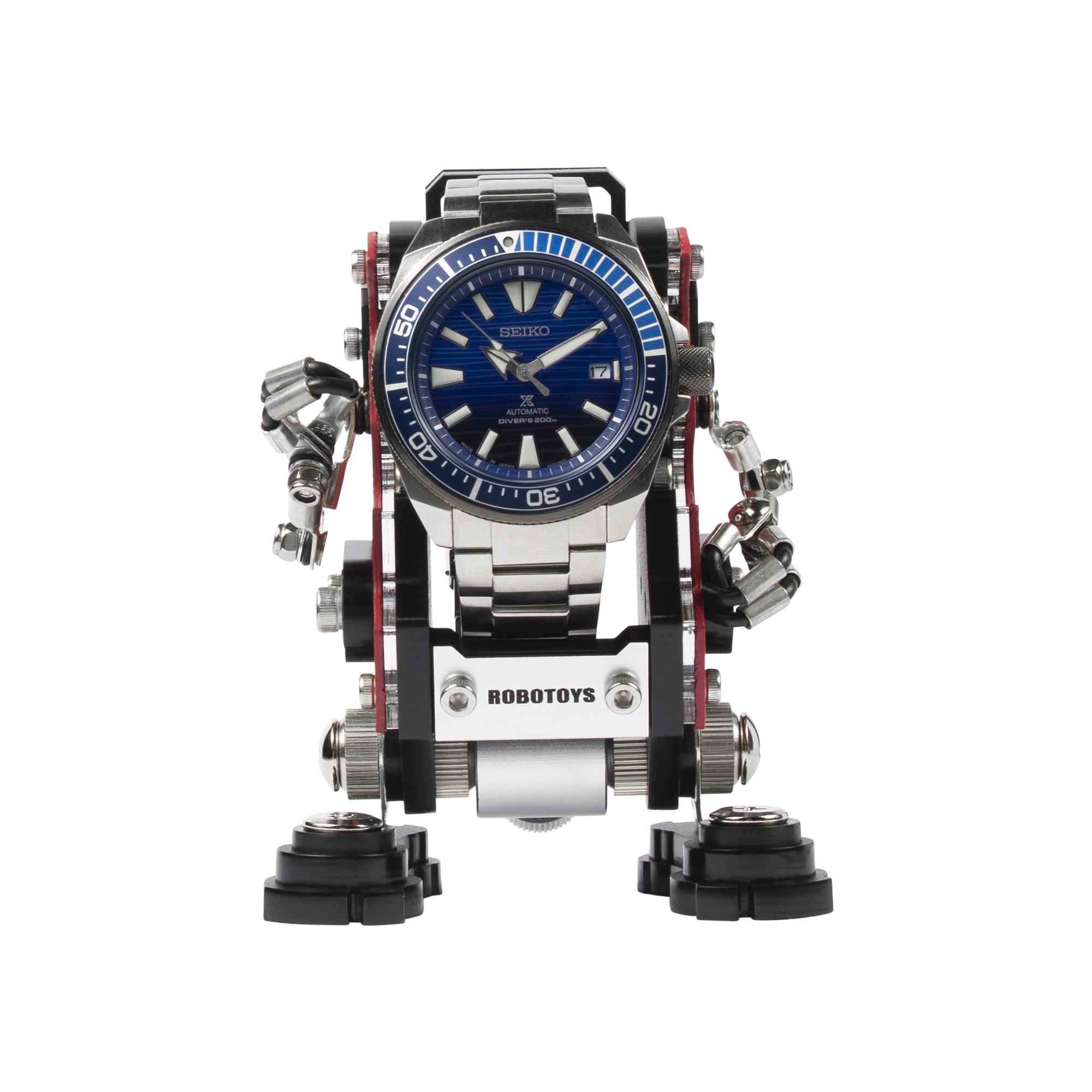 Seiko automatic watch mounted on NanoBot RoboToys red and black transforming display stand with articulated arms and legs