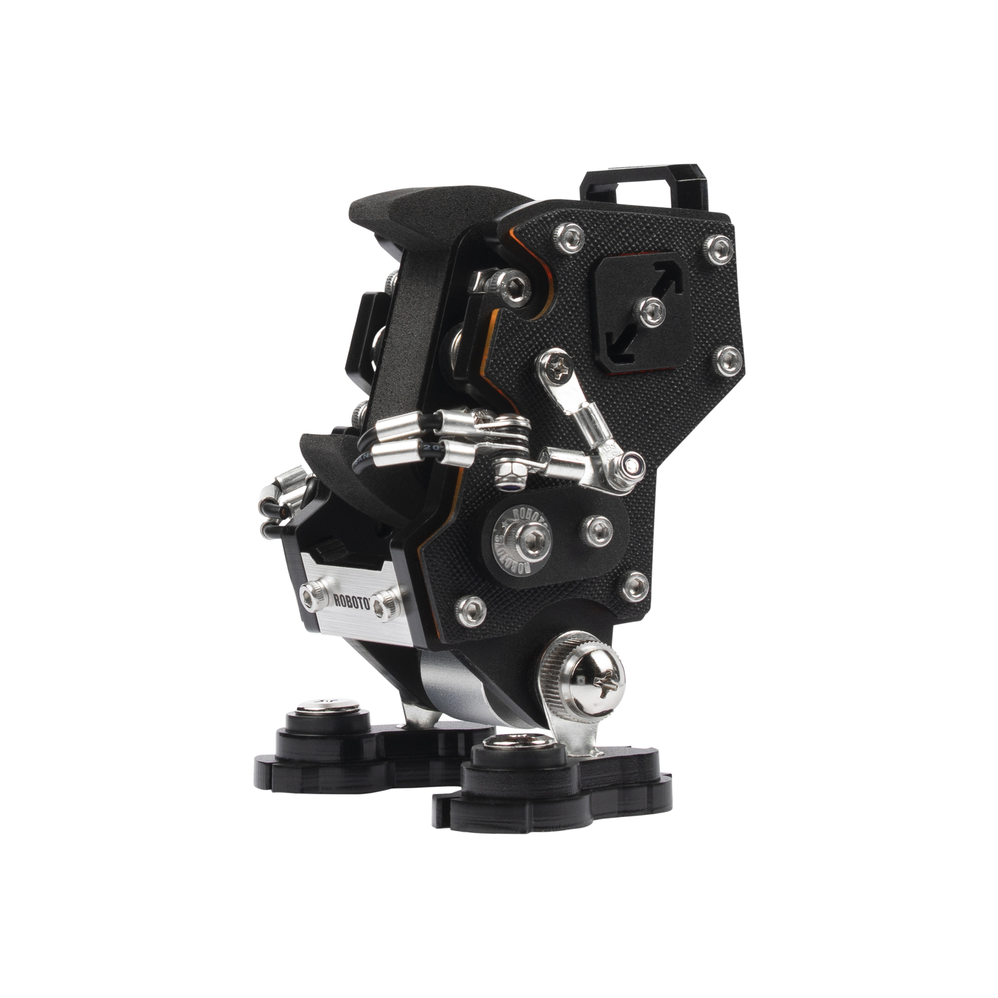 Black NanoBot robotic watch stand with articulated arms, metallic joints, and textured saffiano finish on display pedestal