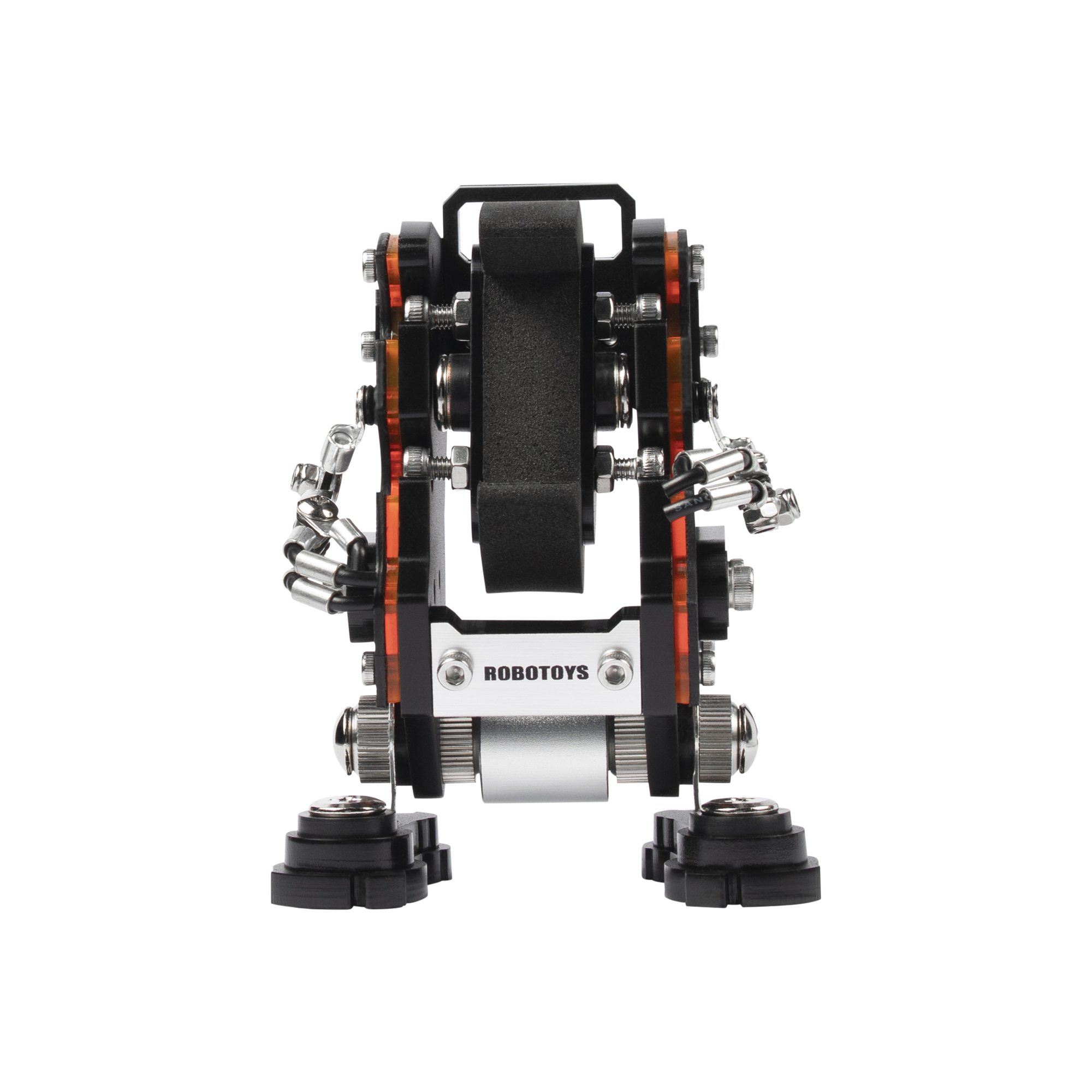 RoboToys NanoBot black and red robot watch stand with metal gears, articulated arms, and adjustable display cradle