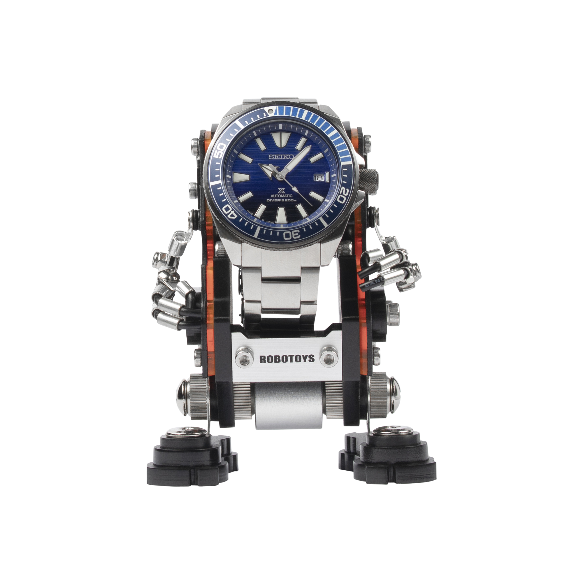 Seiko automatic watch mounted on RoboToys NanoBot transforming robot stand with articulated arms and legs in black and red