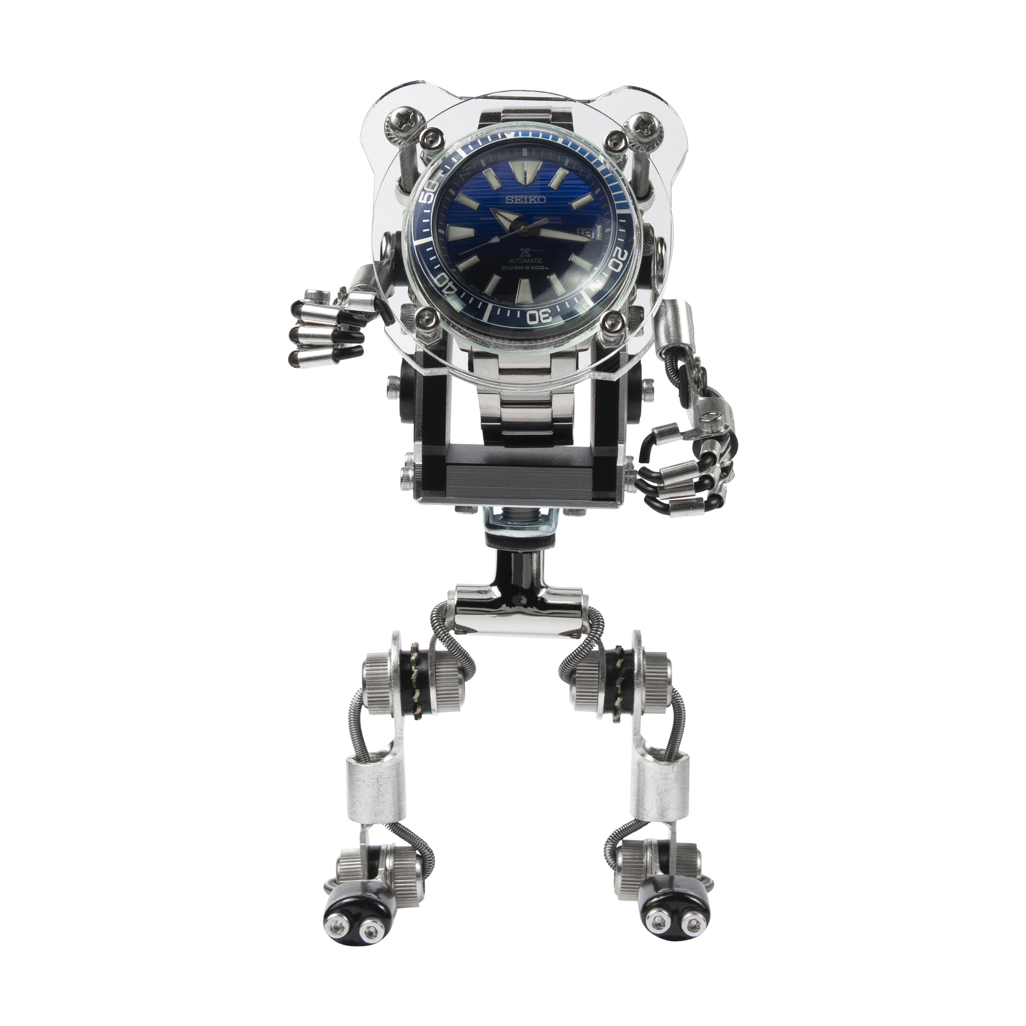 Seiko watch displayed on silver and black RoboMech stand with articulated mechanical arms and legs