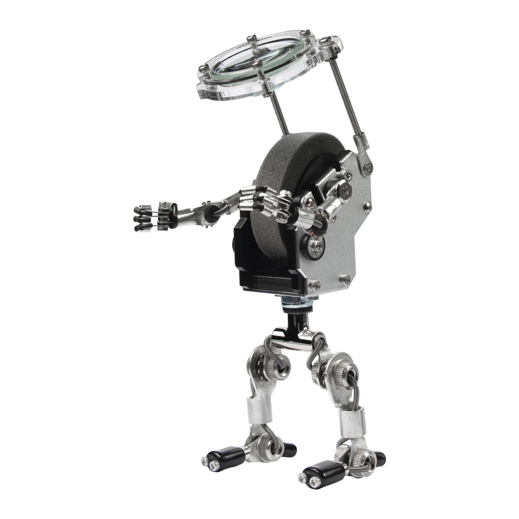 Articulated robot watch stand with magnifier lens, metal construction, black accents and adjustable robotic arms