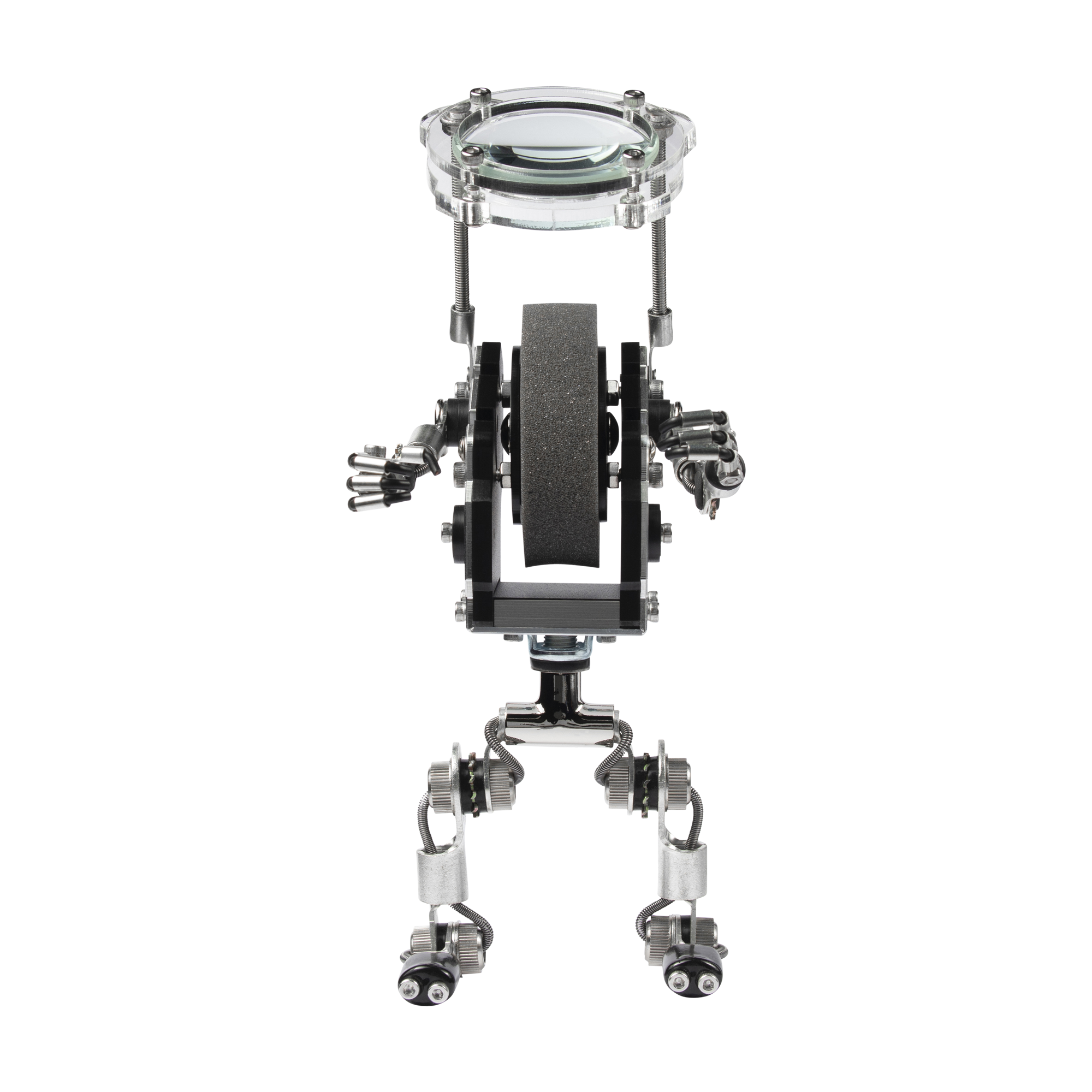 Black robotic watch stand with magnifier lens, mechanical arms and dual wheel base, front view
