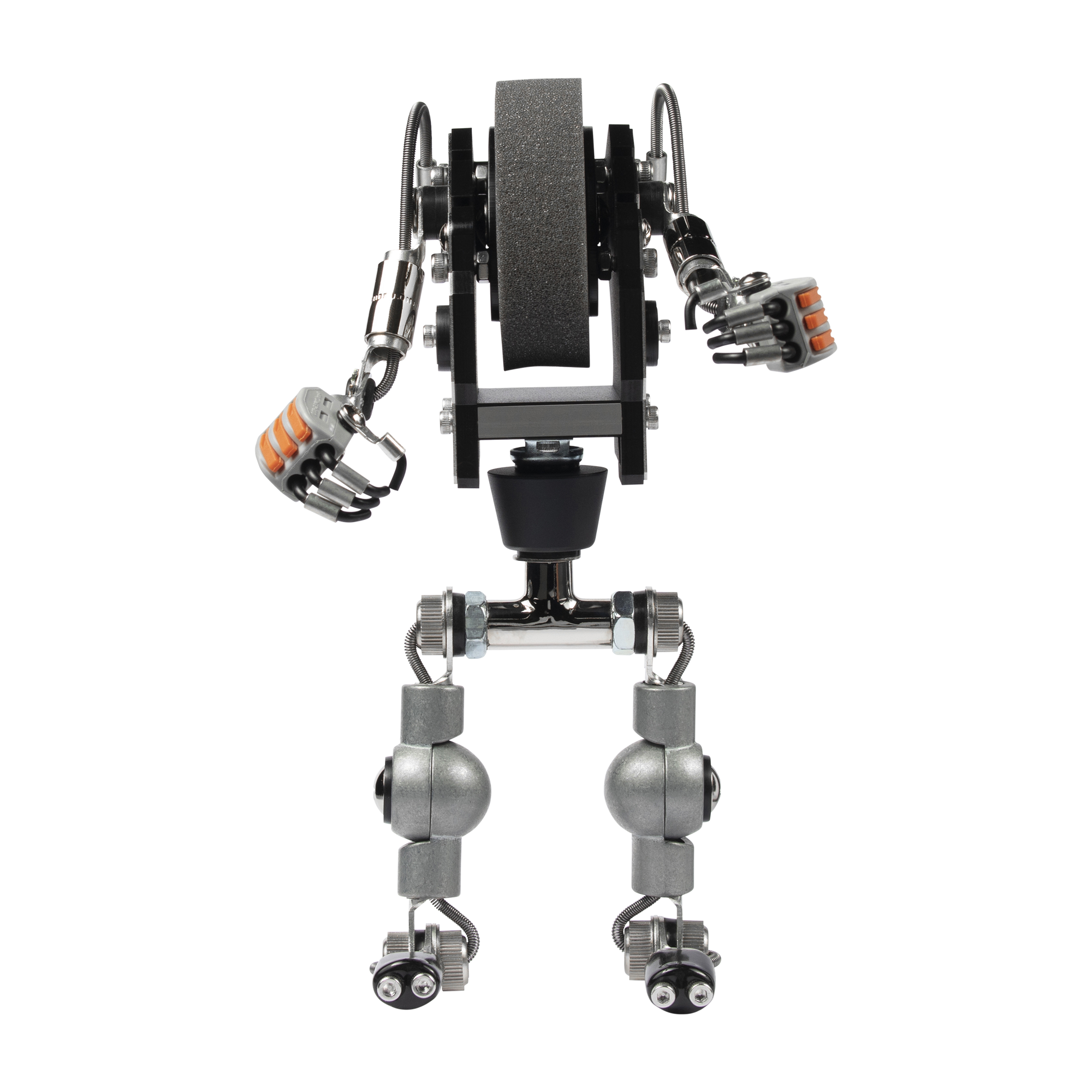Industrial-style RoboMech watch stand with articulated metal arms, orange grip hands, spherical joints, and wheel feet on white background
