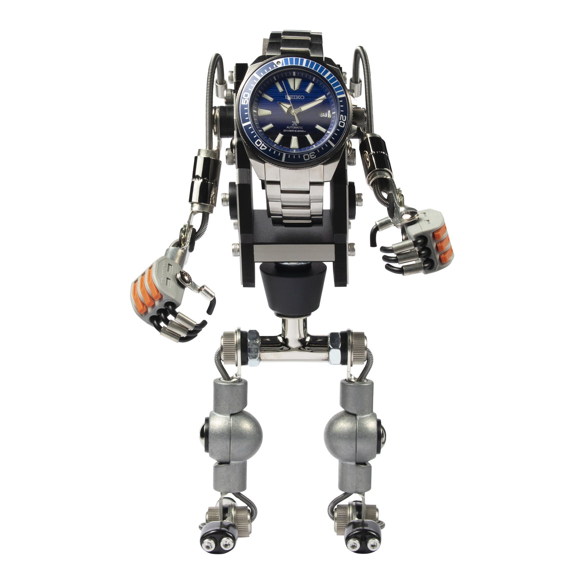 Seiko automatic dive watch displayed on articulated robotic stand with metallic limbs and orange accent joints