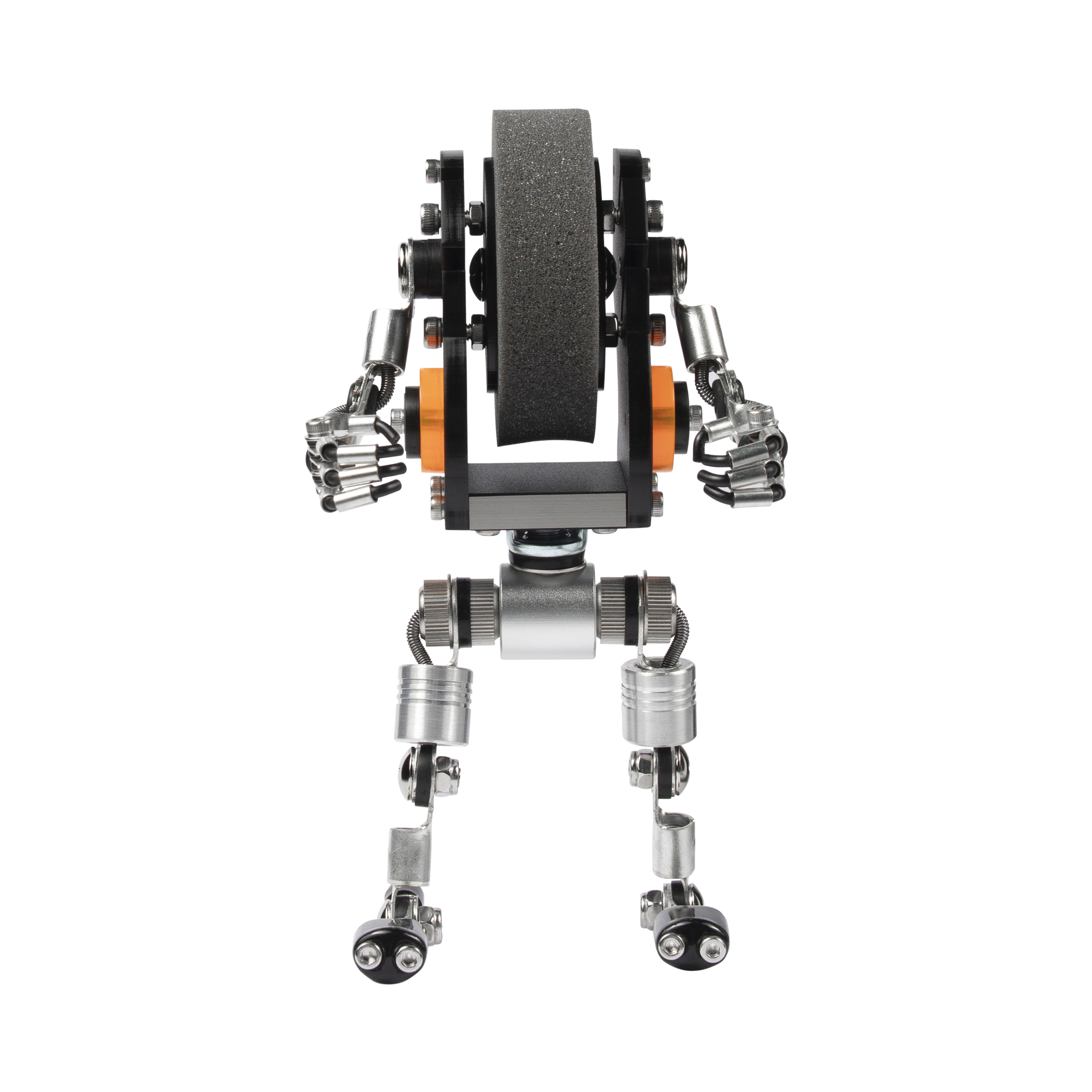 Black and orange mechanical robot watch stand with articulated arms and legs, metallic accents, front view on white background