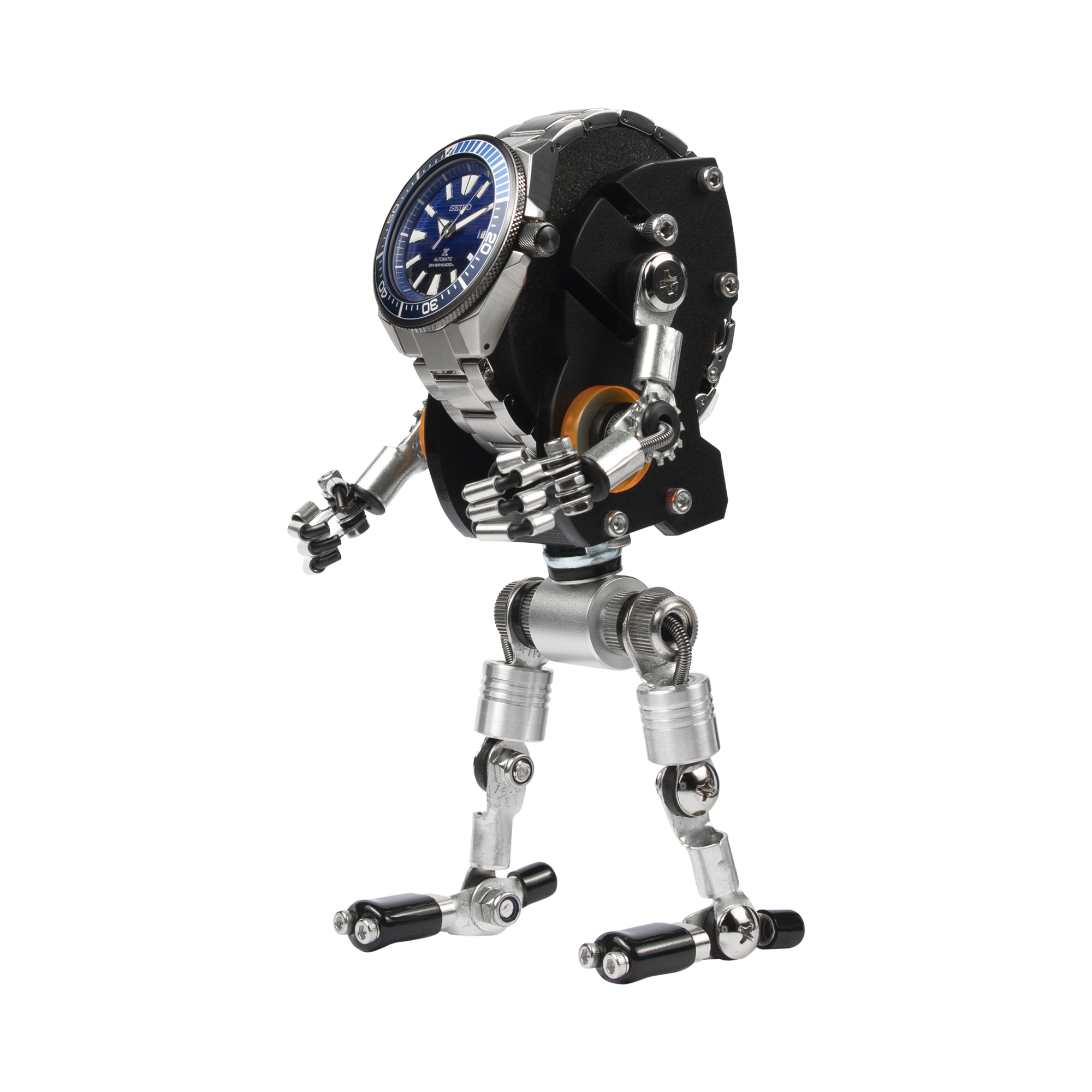 Stainless steel robotic watch stand holding blue dial timepiece with articulated mechanical arms and legs