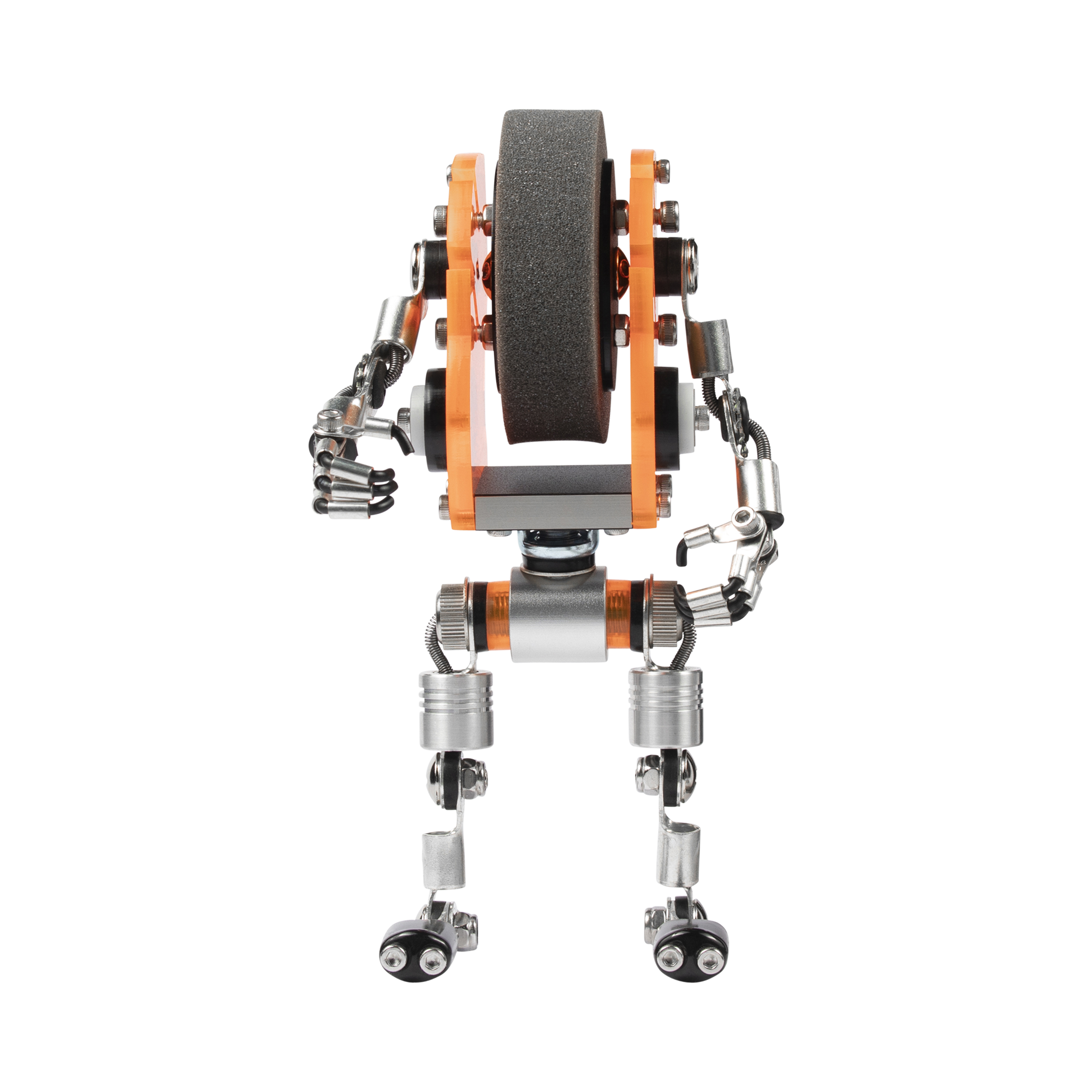 RoboMech neon orange watch stand with articulated metal limbs, gray sanding wheel head, and dual wheel feet on white background