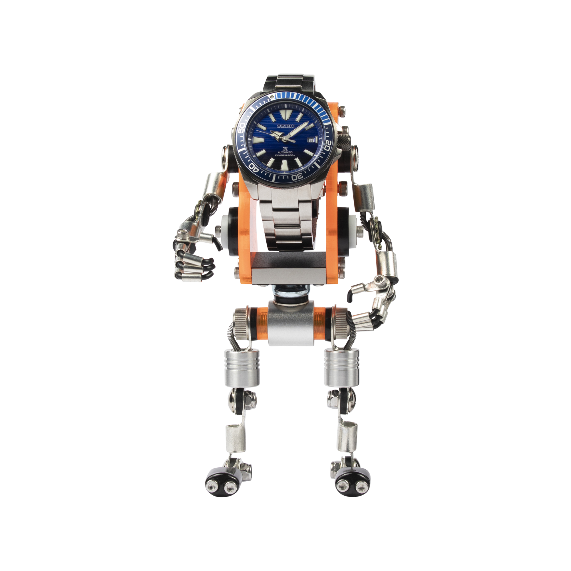 Robotic watch stand with blue dial timepiece head, orange and silver mechanical body, articulated arms and legs with wheeled feet