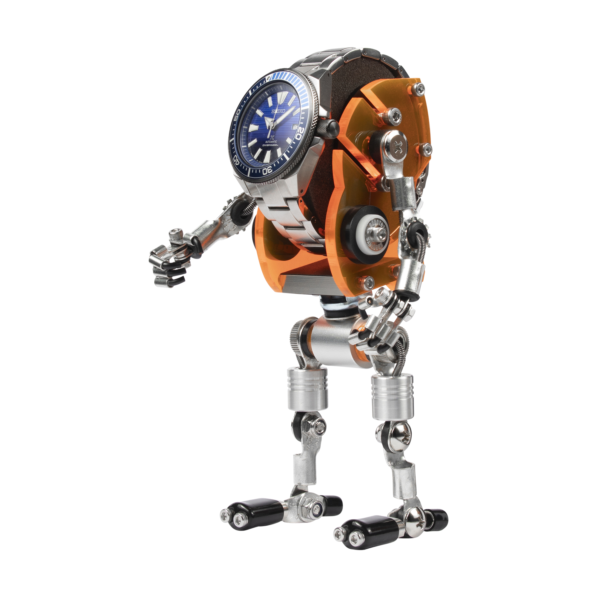 Robotic watch stand RoboMech with neon orange metal body holding blue dial timepiece with articulated silver legs and mechanical joints