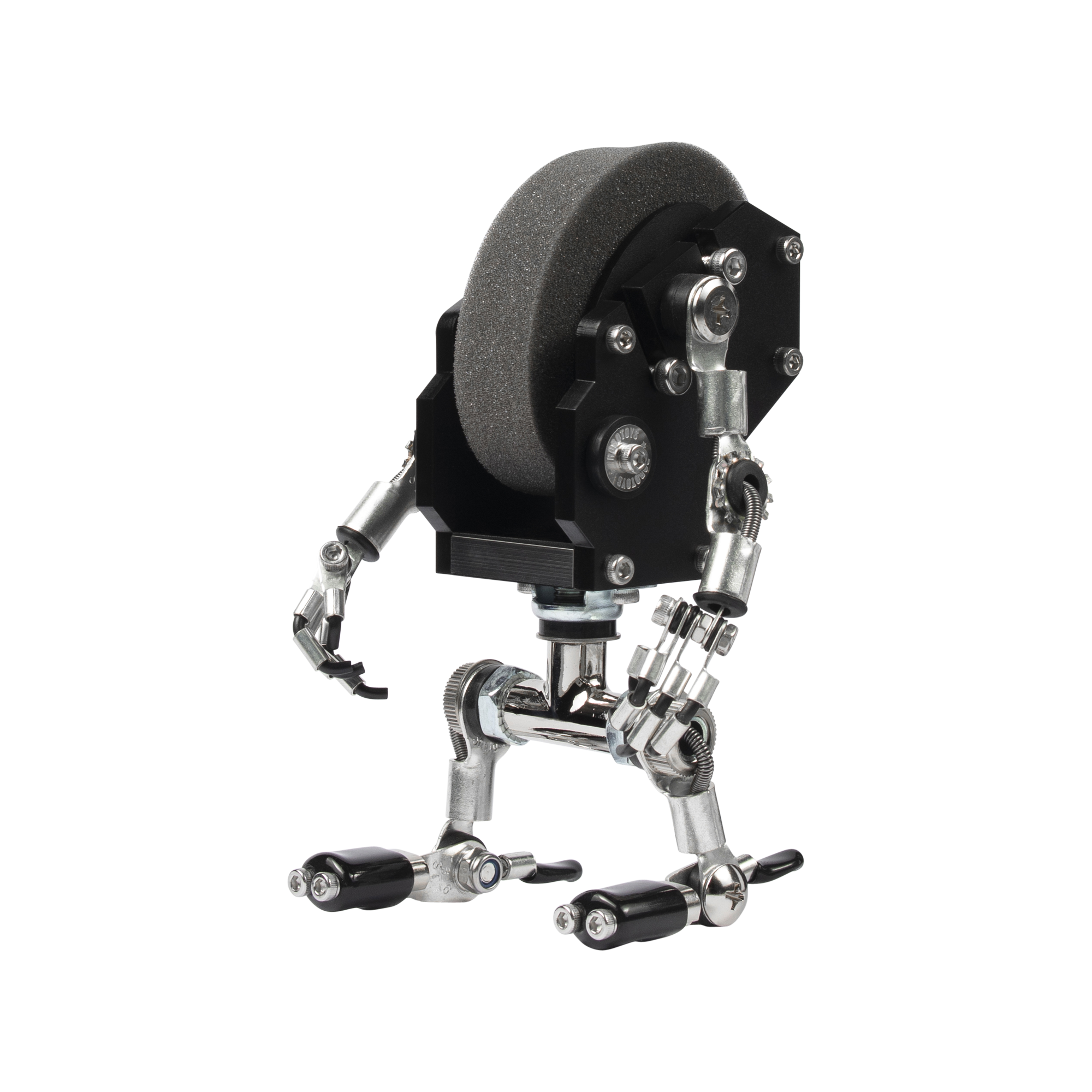 Black MiniMech robotic watch stand with articulated chrome limbs, foam-padded head, and articulated joints for displaying watches
