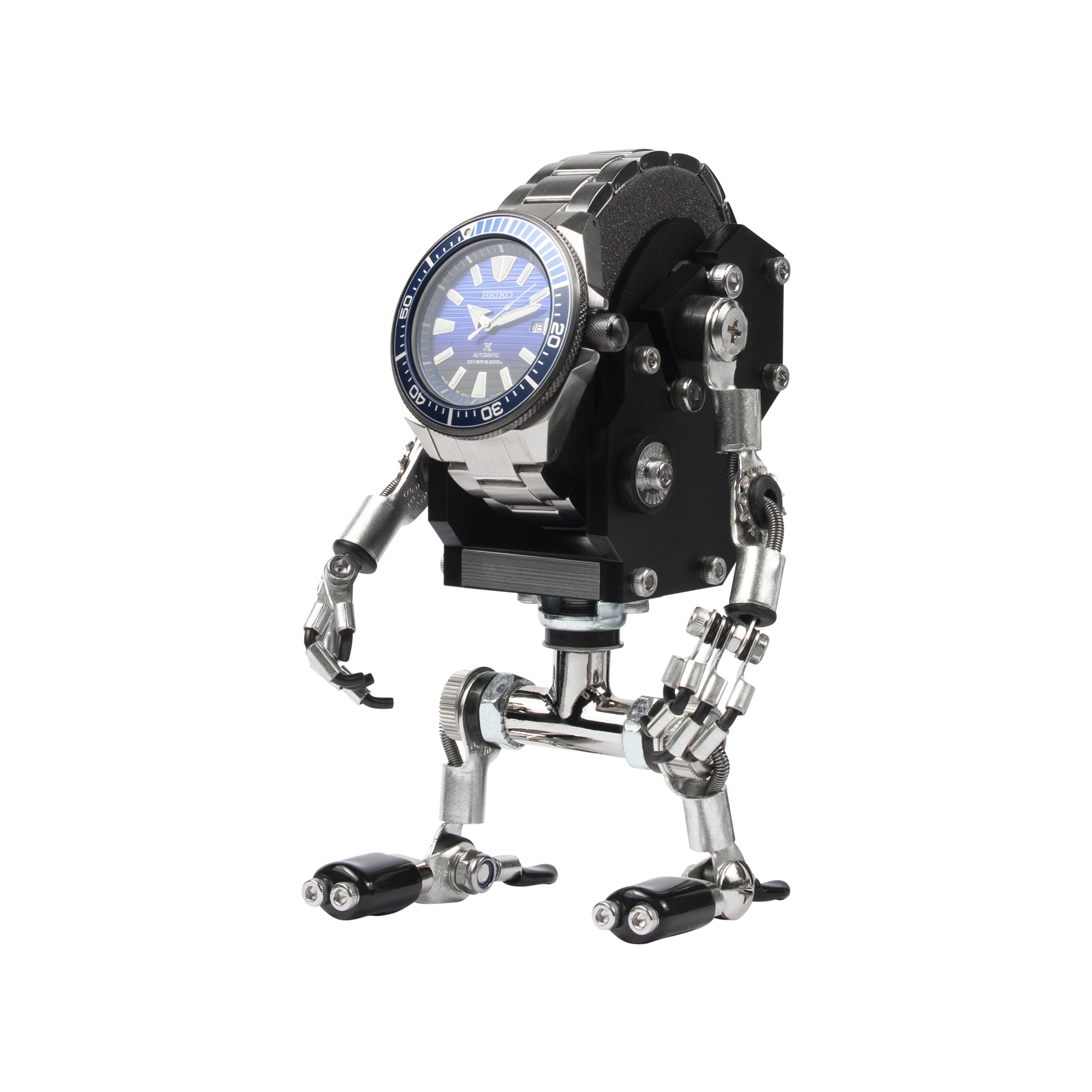 Black robotic watch stand displaying luxury timepiece with blue dial and metal band