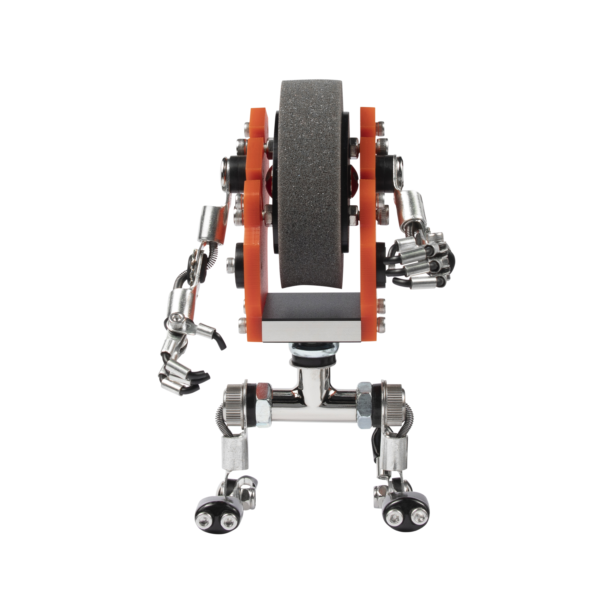 Orange and gray MiniMech robot watch stand with mechanical arms and wheels holding timepiece