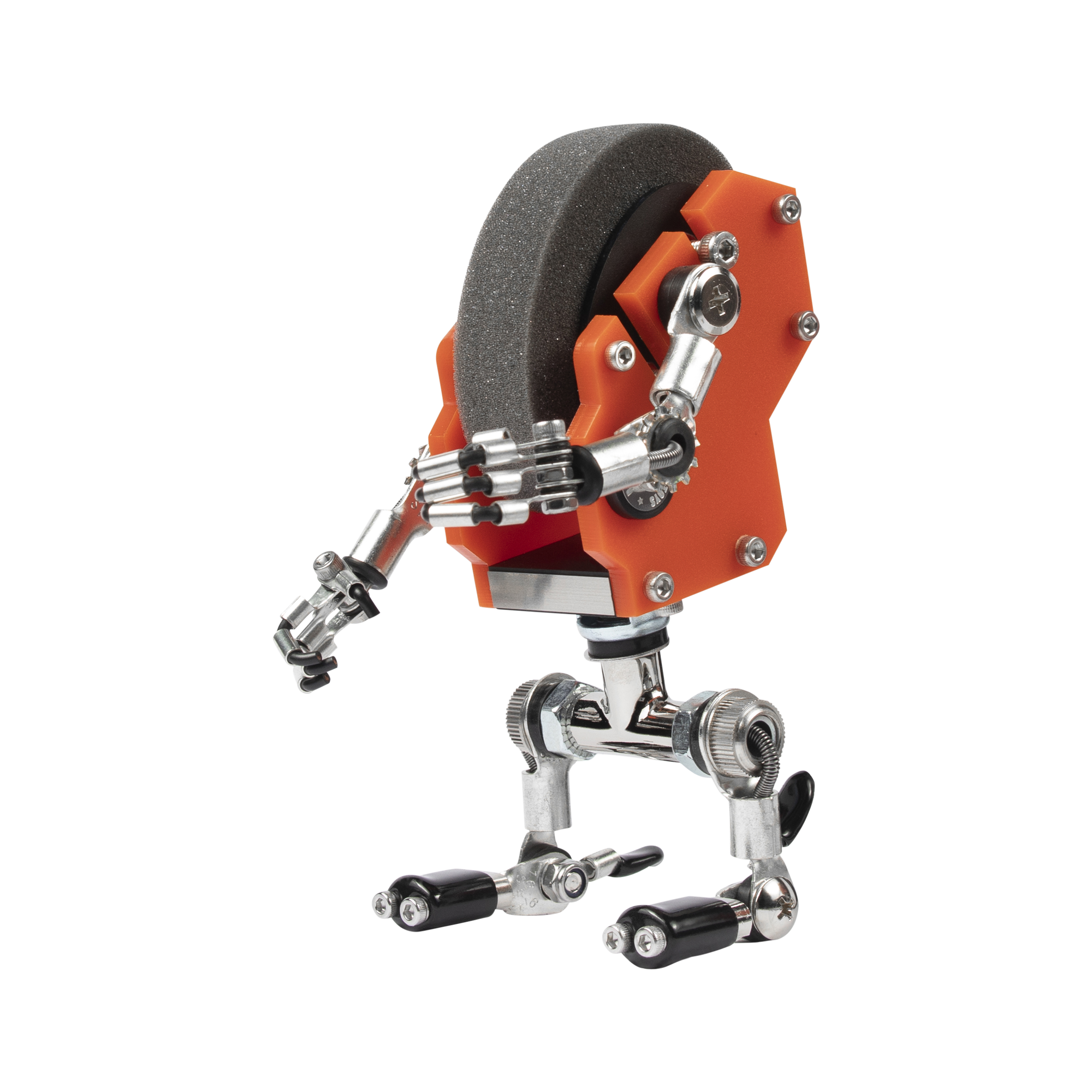 Orange and silver MiniMech robot watch stand with articulated limbs and gray foam head pad