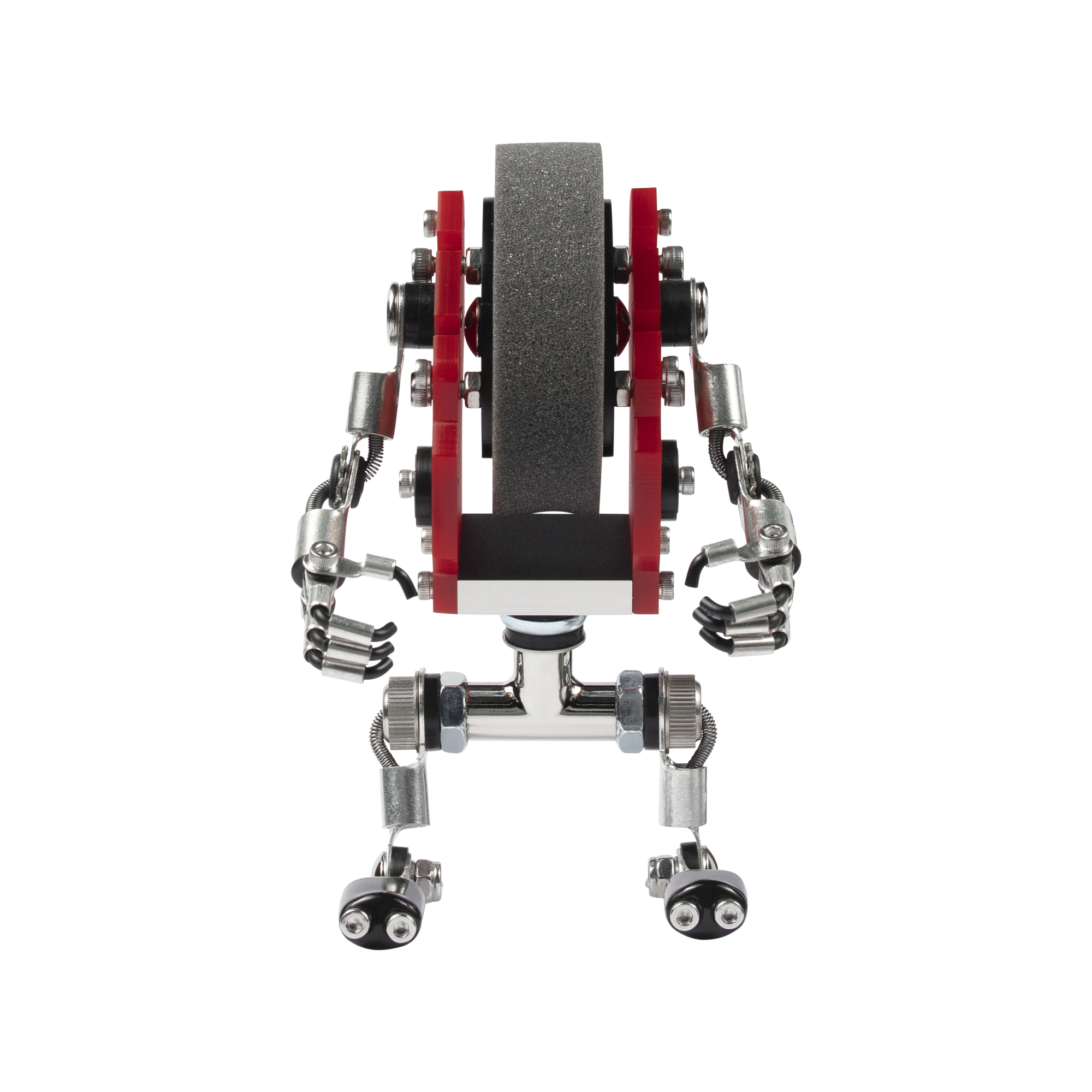 MiniMech red watch stand with gray stone finish center, red metal arms, chrome mechanical joints and LED-lit feet on white background