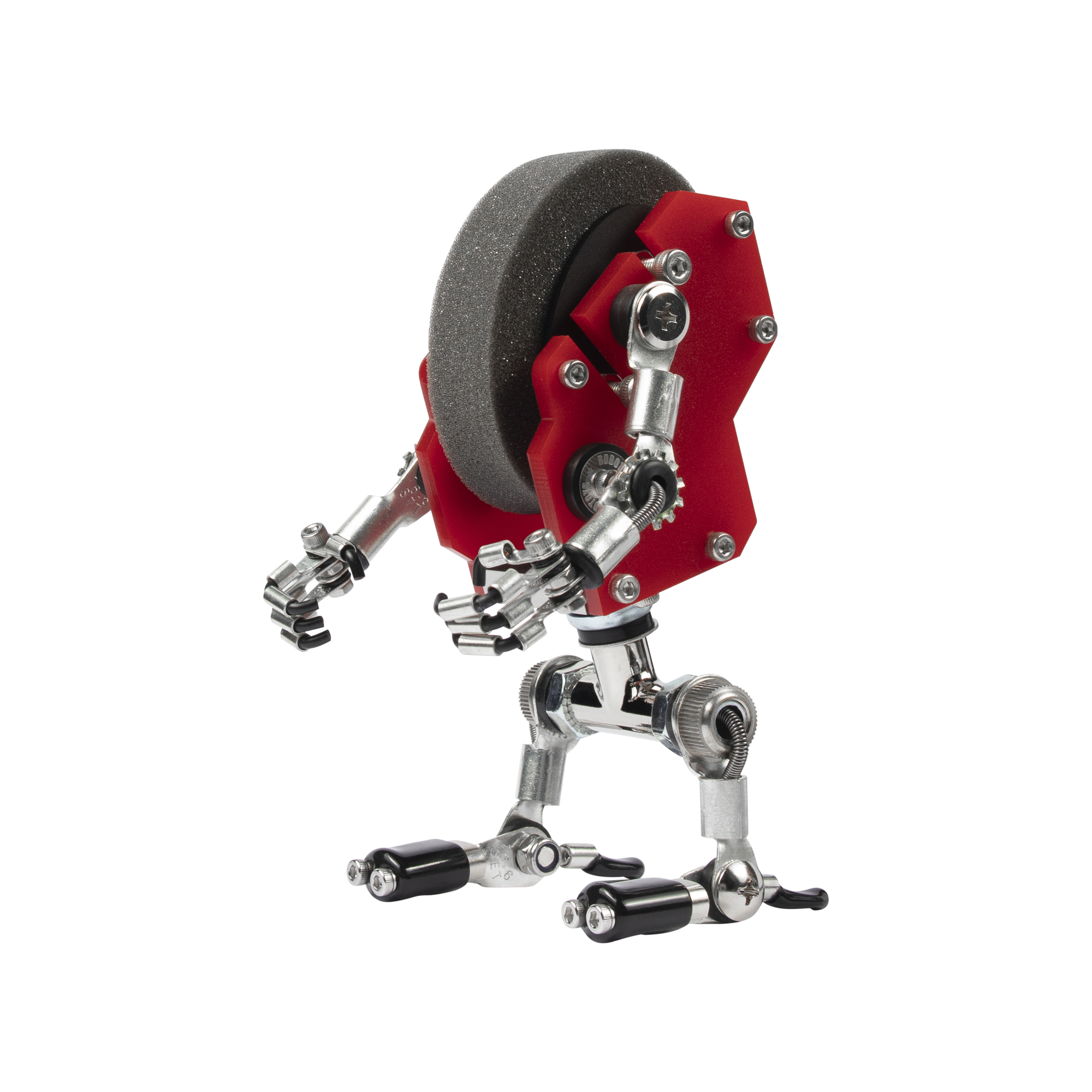 Red MiniMech robot watch stand with grey foam wheel head, mechanical silver joints, and black foot pads for desk display