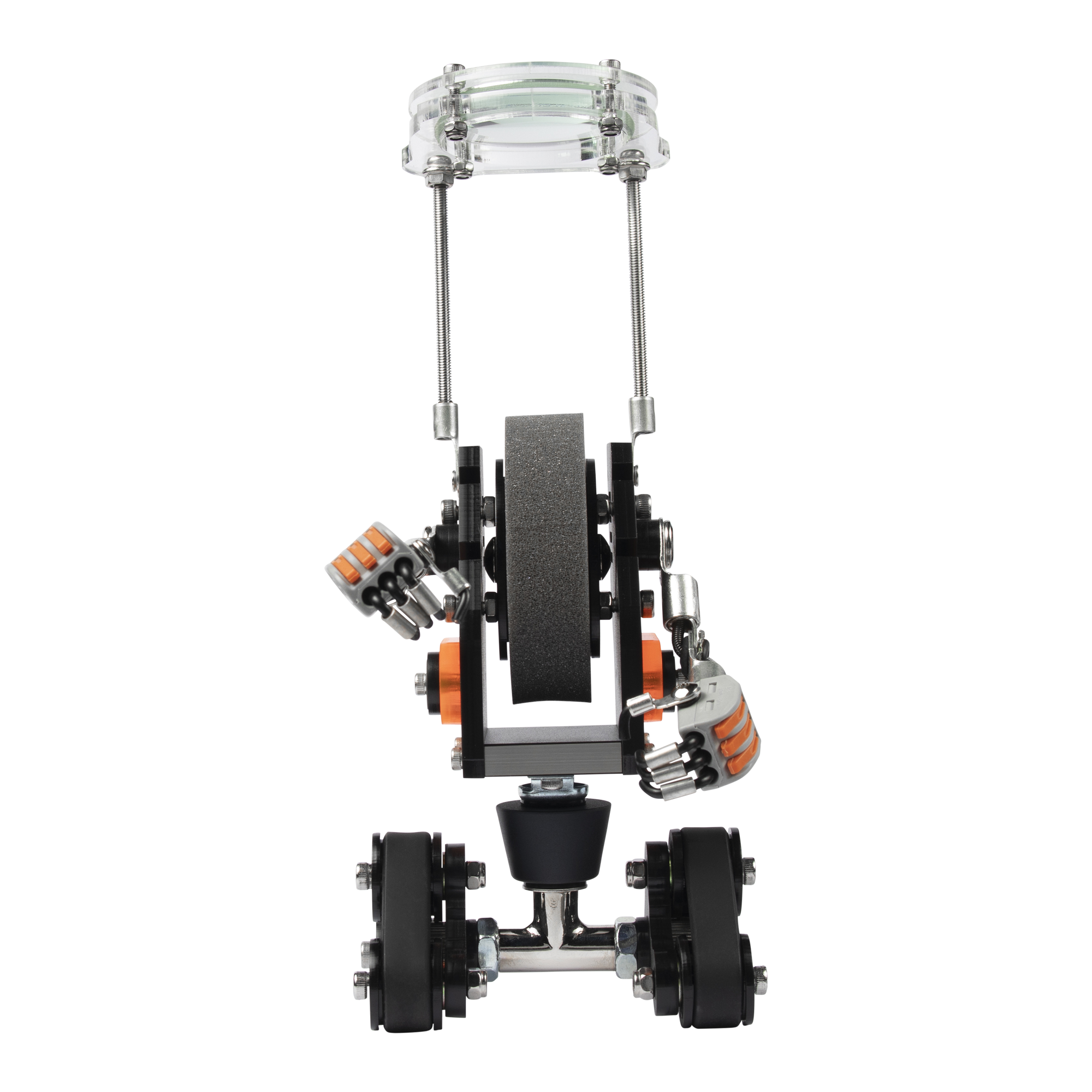 RoboTank black and orange robot watch stand with clear acrylic head mount and flexible arms, overhead view